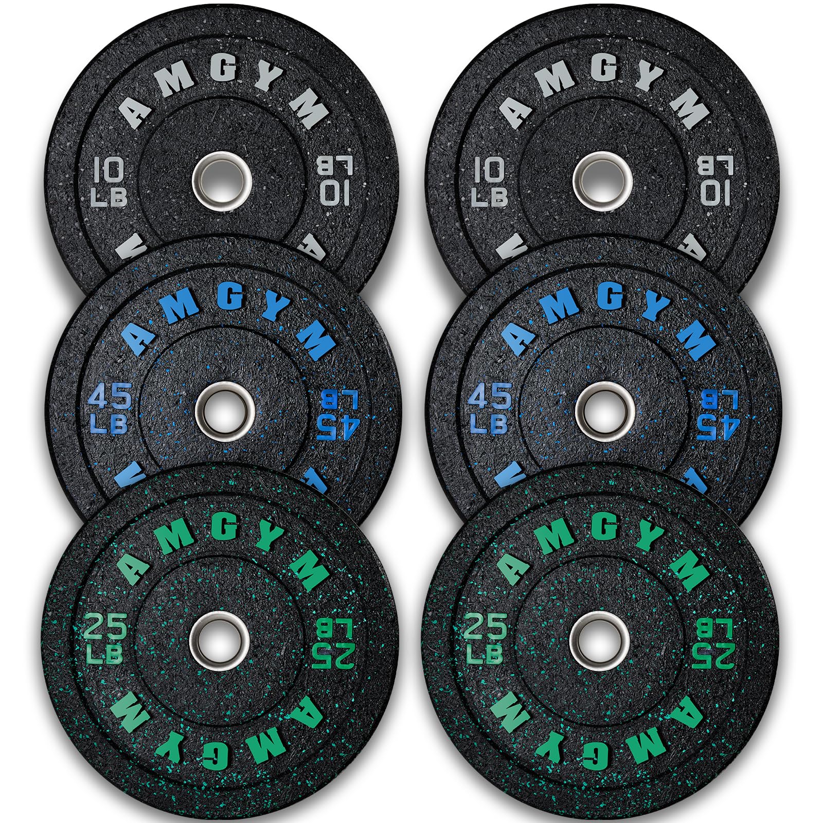 AMGYM Bumper Plate Set with Colored Flecks, 2 Inch Standards Weights Plates,High Bounce Low Noise Odorless Weights for Barbell Workouts, Pro Weights