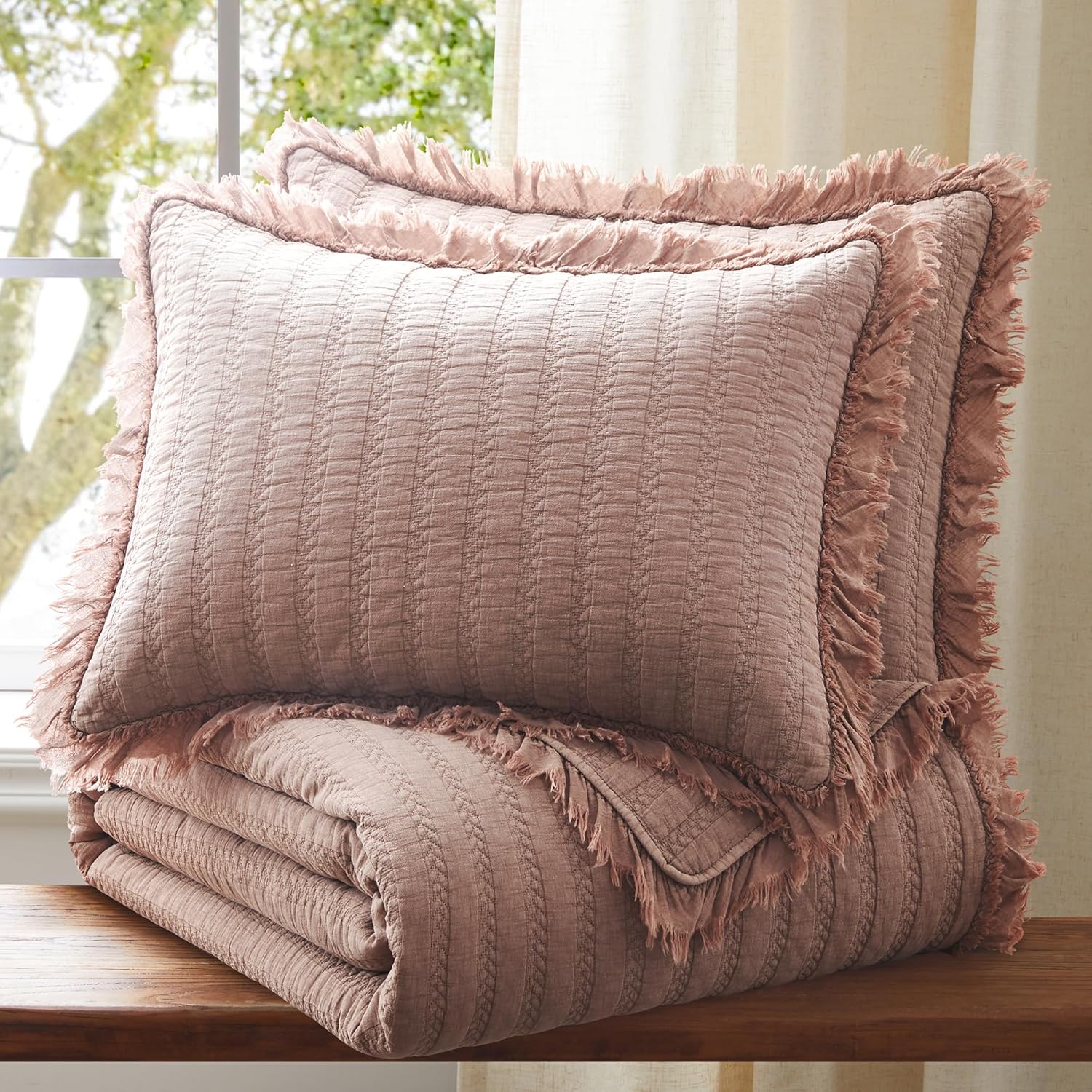 Levtex Home - Wilhemina Quilt Set - Full/Queen Quilt and Two Standard Shams - Solid Ruffled - Dusty Rose - Quilt (88x92in.) and Shams (20x26in.) - Reversible - Cotton