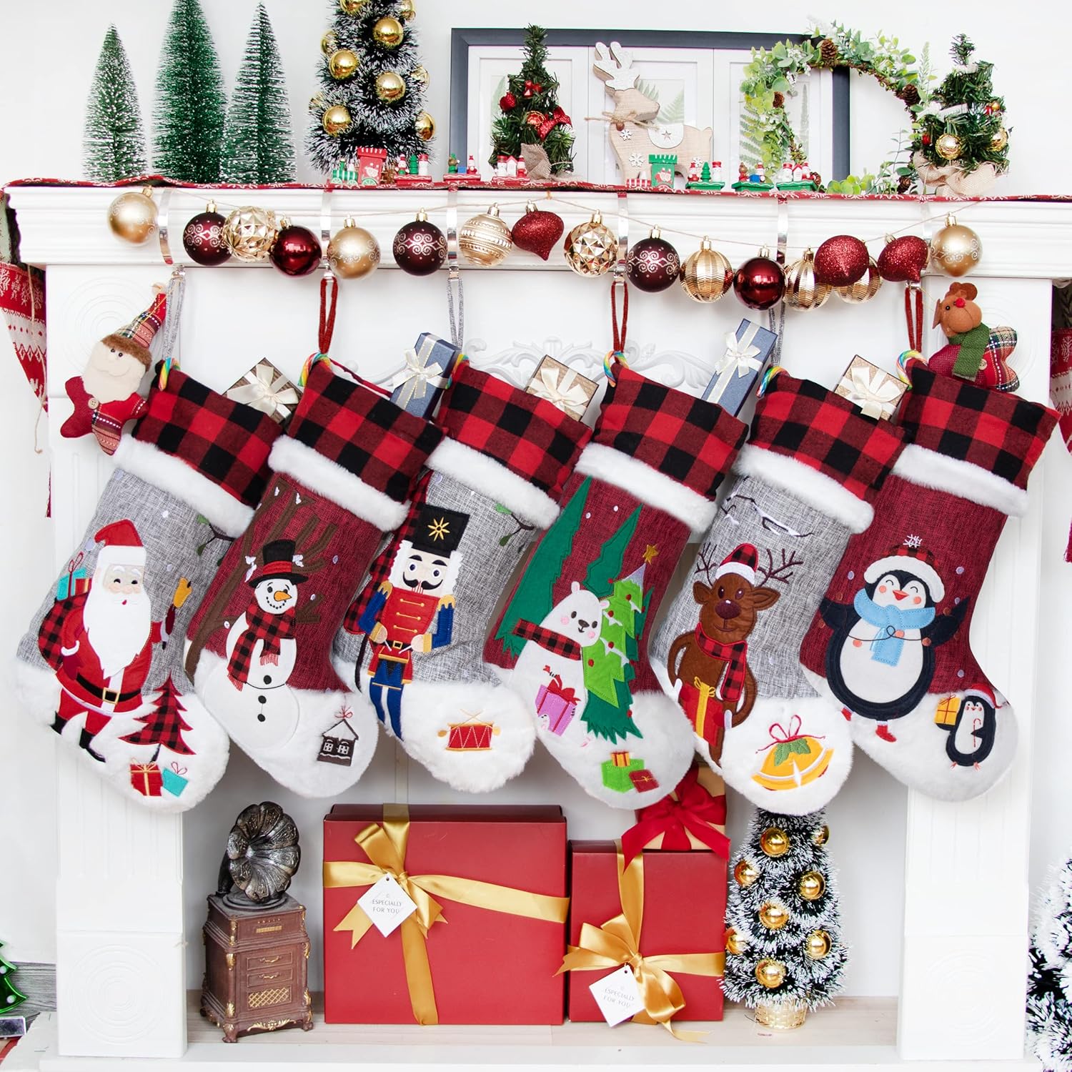 Burlap Gray Red Non-Woven Fleece Fabric Lovely Embroidery Pattern Set of 6 Christmas Stocking for Family Decorations Hanging Ornament for Xmas Holiday Party 20 inches