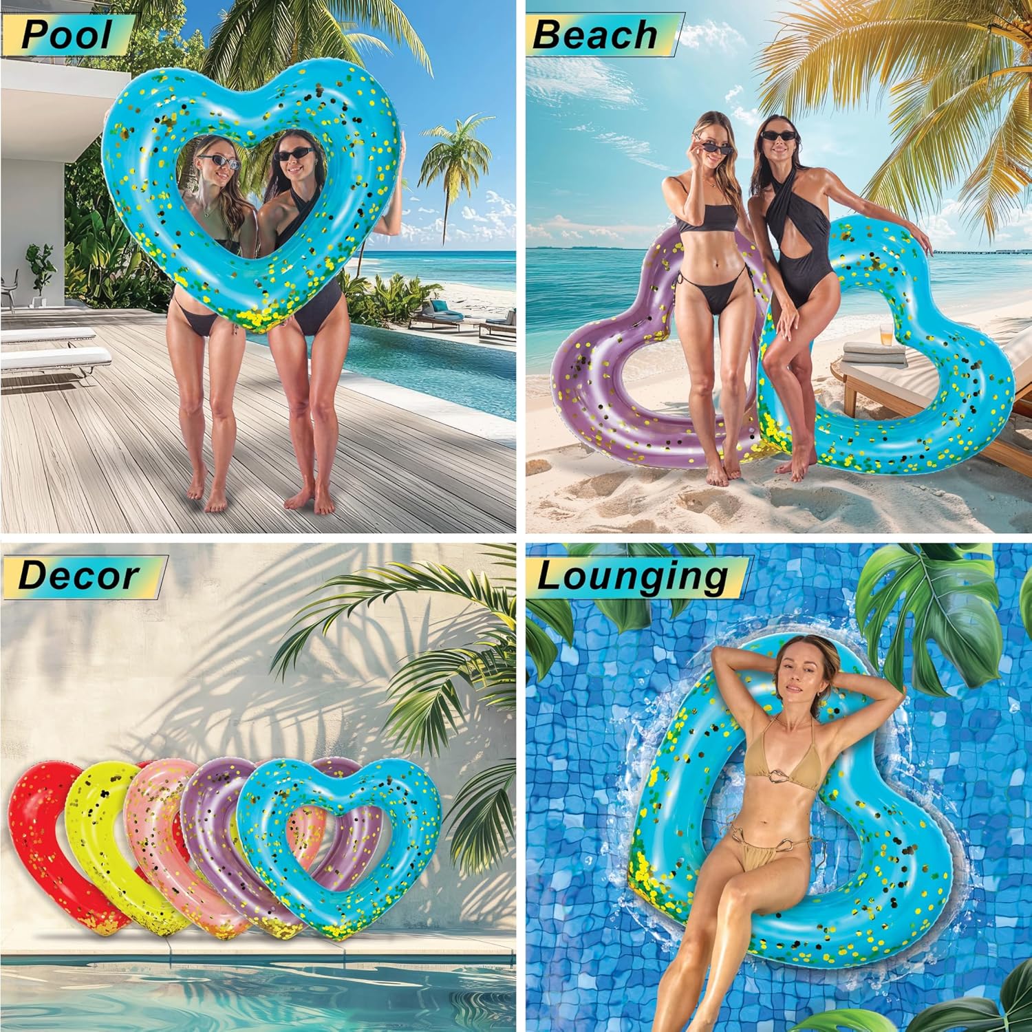 POZA Inflatable Heart Pool Float - Sparkly Confetti-Filled Heart Shaped Pool Tube, Inflatable Lounger for Beach or Lake, Fun Swimming Float for Kids and Adults