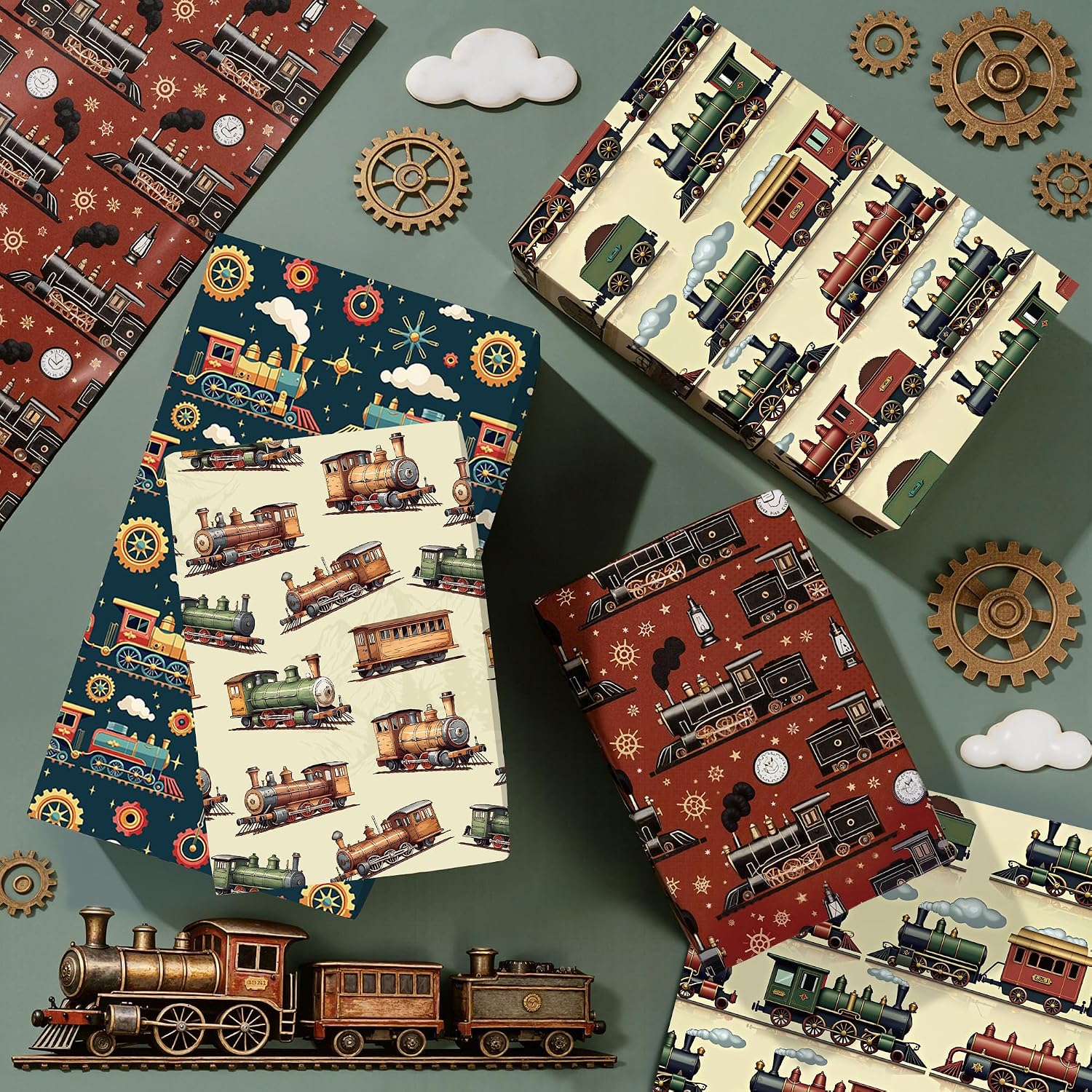 Liobelon Train Wrapping Paper - 12 Sheets Retro Trains Gift Wrap with Tracks Design - Vintage Locomotive Theme Wrap Paper for Boys Birthday, Baby Shower, Transportation Theme Party Decor, 19.7 x 27.6 Inches image 5
