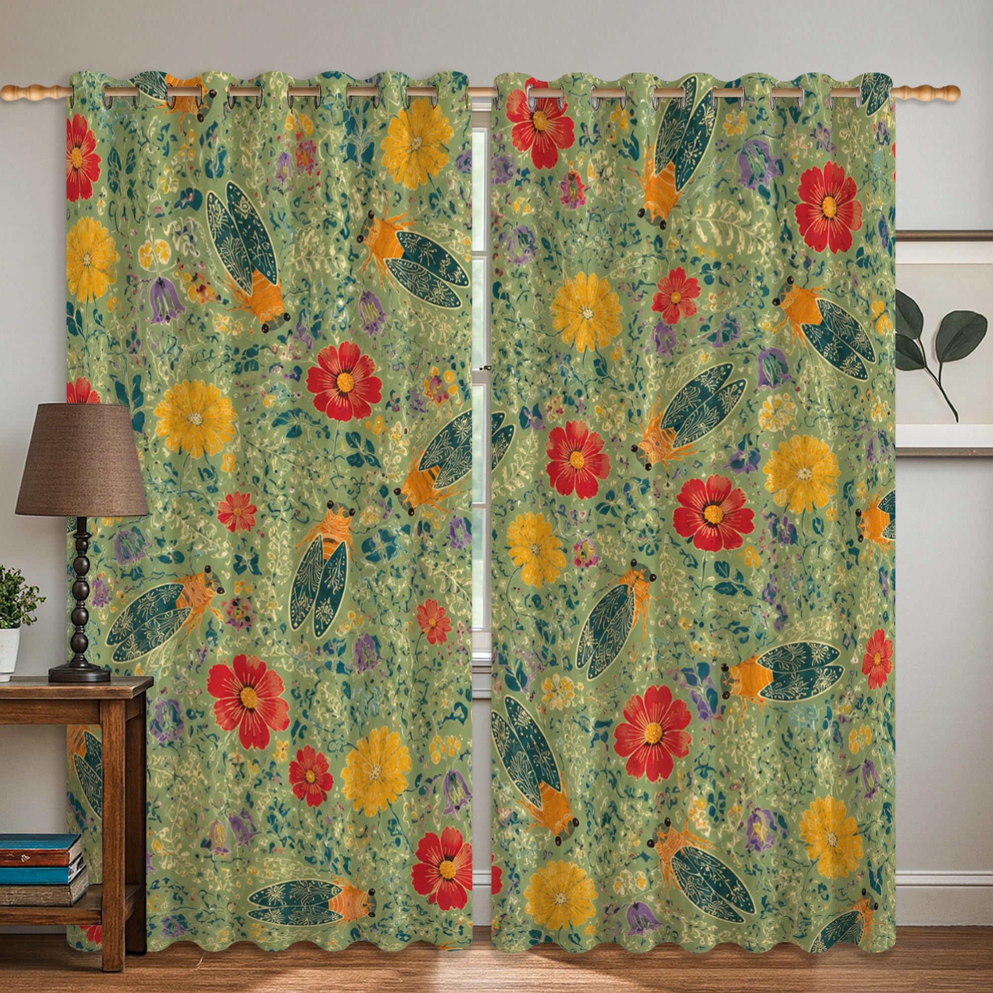 Rideaux occultants vert printemps motif feuilles de cigale 106x160 cm