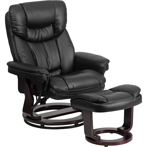 Flash Furniture Allie LeatherSoft Upholstered Recliner with Footrest, Arms, and Headrest, Padded Swivel Recliner Chair and Ottoman Set, Black