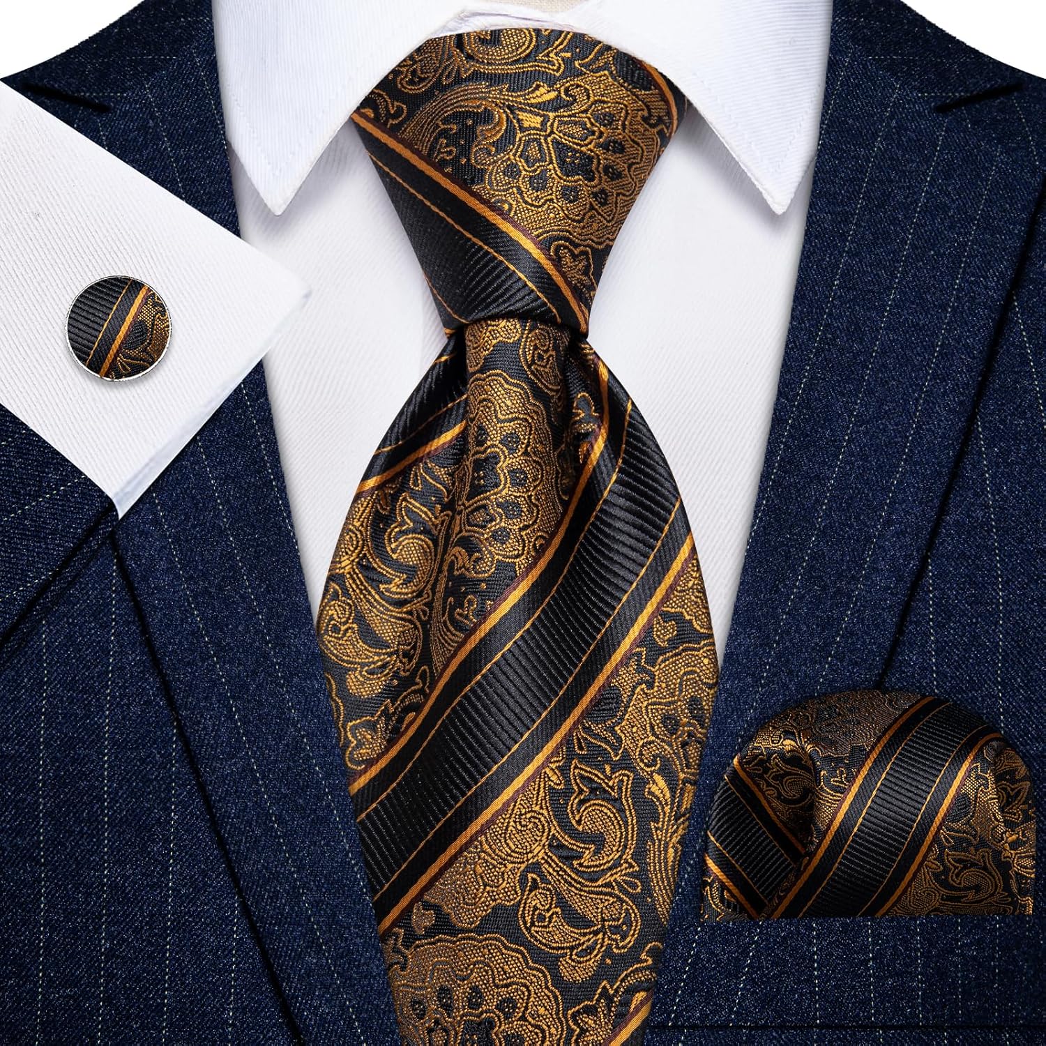 Silk Ties for Men Paisley Floral Striped Necktie and Pocket Square Cufflinks Tie Clip Set 4PC - Image 8