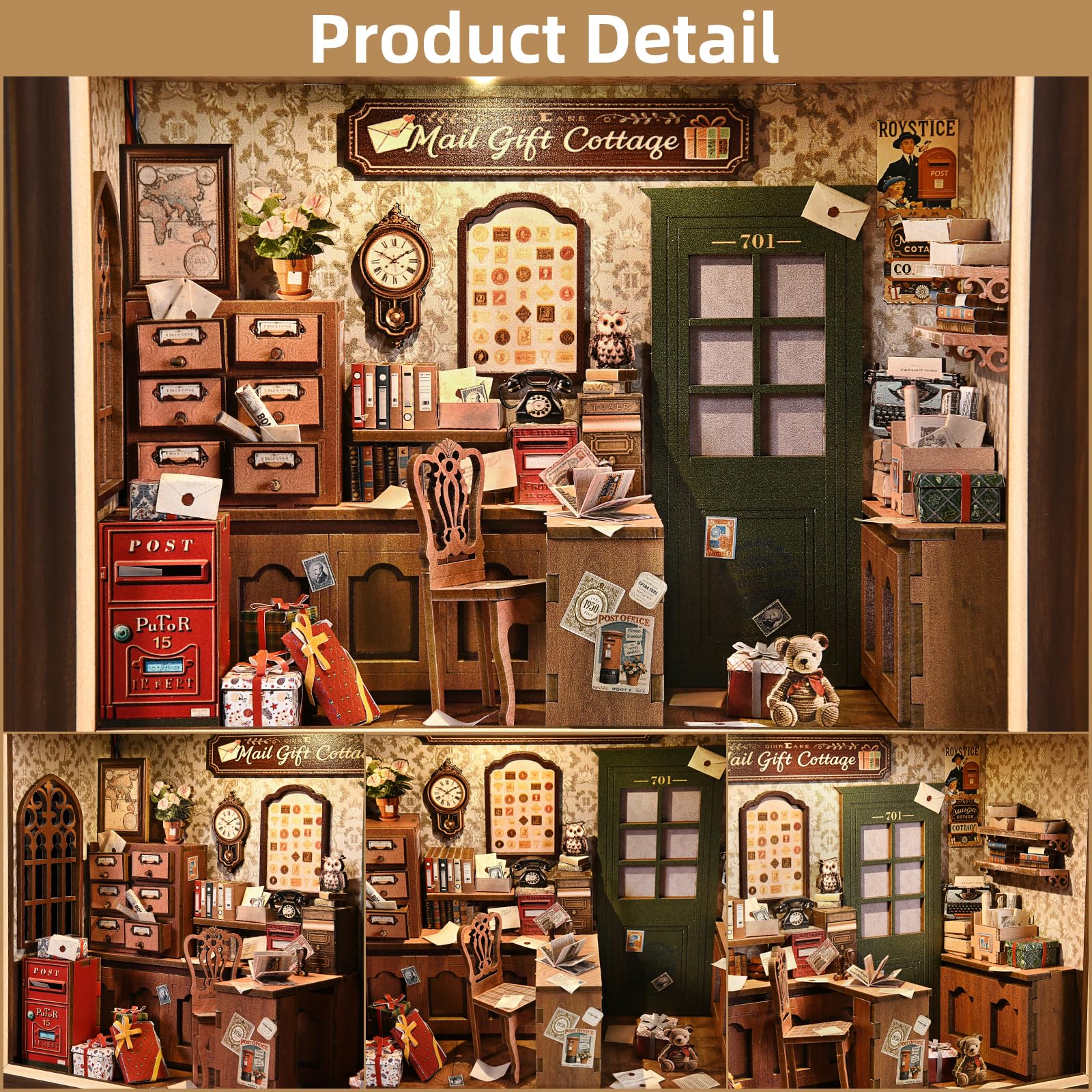 Zestaw Book Nook – drewniane puzzle 3D, z przełącznikiem LED i ramą do montażu na ścianie, miniaturowy dom dla początkujących, regał na książki, dekoracja stołu, dekoracja ścienna dla miłośników