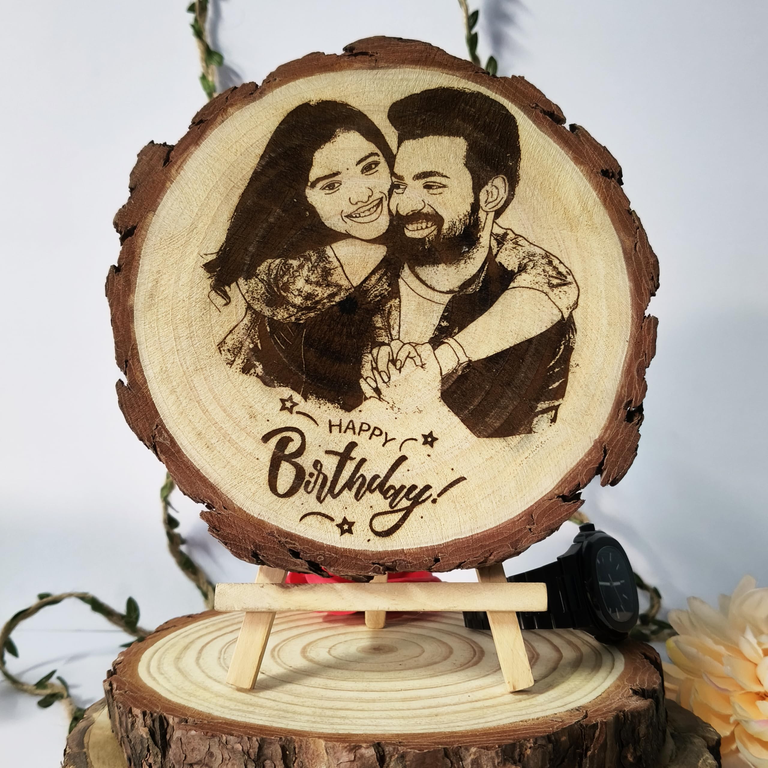 Gift Mantras Natural Wooden Slice Photo Frame With Wood Stand Custom Name And Design Photo Frames Unique Gift with Engraved Names (4-5 inch)