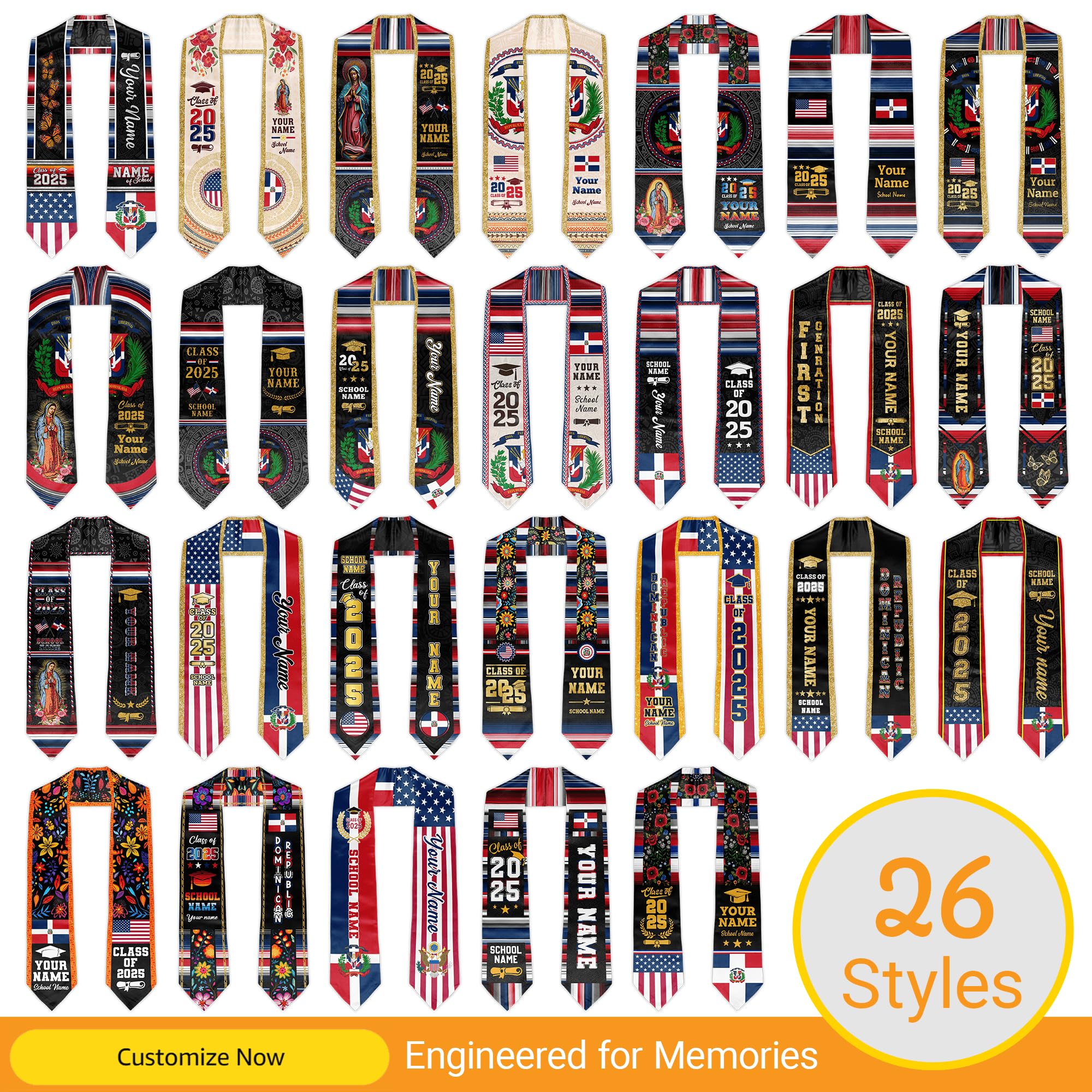ZINYAM Custom Dominican Republic Graduation Stole Class of 2025 Personalized Dominicans American Flag Graduation Sash 72