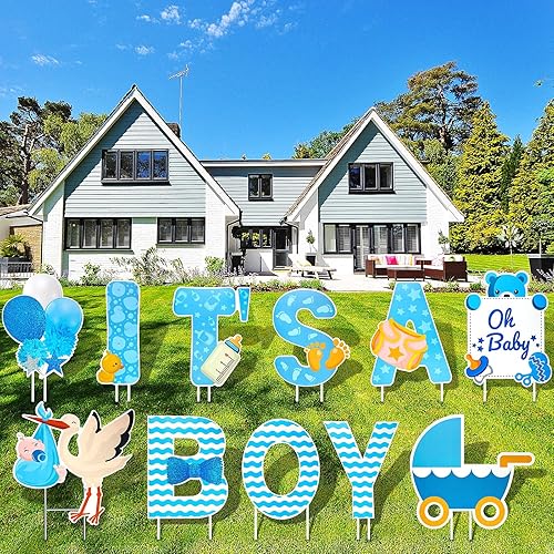 Letrero grande para patio de baby shower, letrero azul con estacas de 16 pulgadas de alto, letrero de césped para bebé, revelación de género,