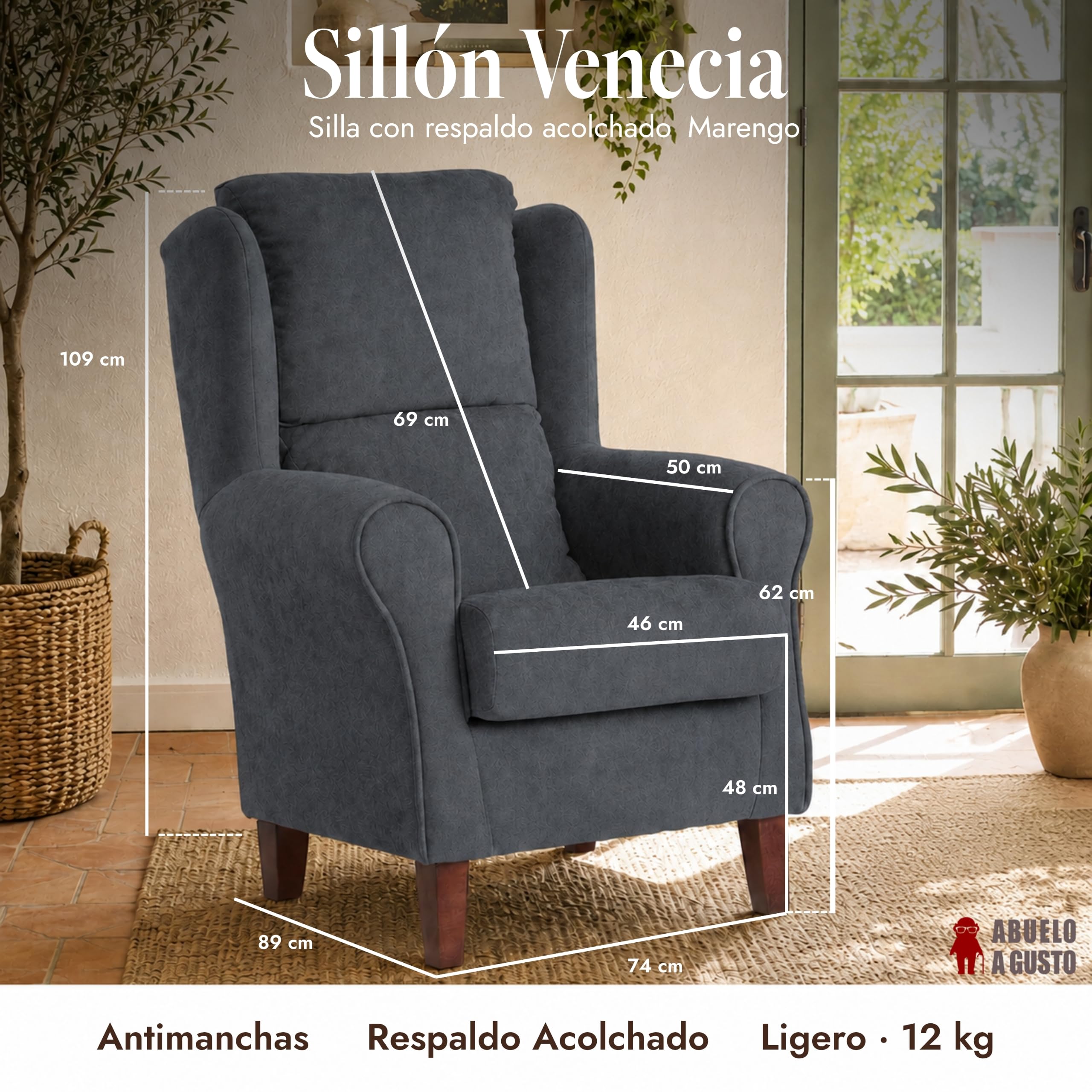 Sillón Orejero Venecia Acolchado para Personas Mayores - Marengo - Respaldo Ergonómico, Relleno Adaptable – Tela Antimanchas – Butaca Cómoda Salón, Dormitorio, Lectura