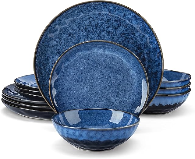 vancasso Starry Blue Dinner Sets, Reactive Glaze Plates and Bowls Set, 12-Piece Crokery Set with 11in Dinner Plate, 8in Dessert Plate and 750ml Bowl, Service for 4