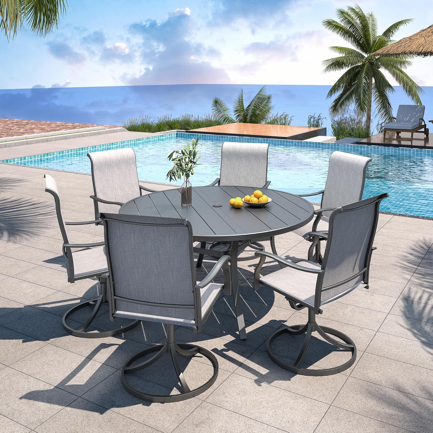 Anmutig 7 Piece Grey Textilene Patio Swivel Rocker Chairs and 54 inch Round Table Furniture Set for Garden, Lawn - Style1