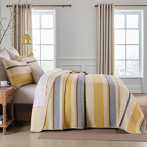 Miniatura 3 de Homzard Juego de edredón para cama Queen, juego de edredón amarillo 100% algodón, juego de ropa de cama tamaño Queen, color amarillo, negro, gris,