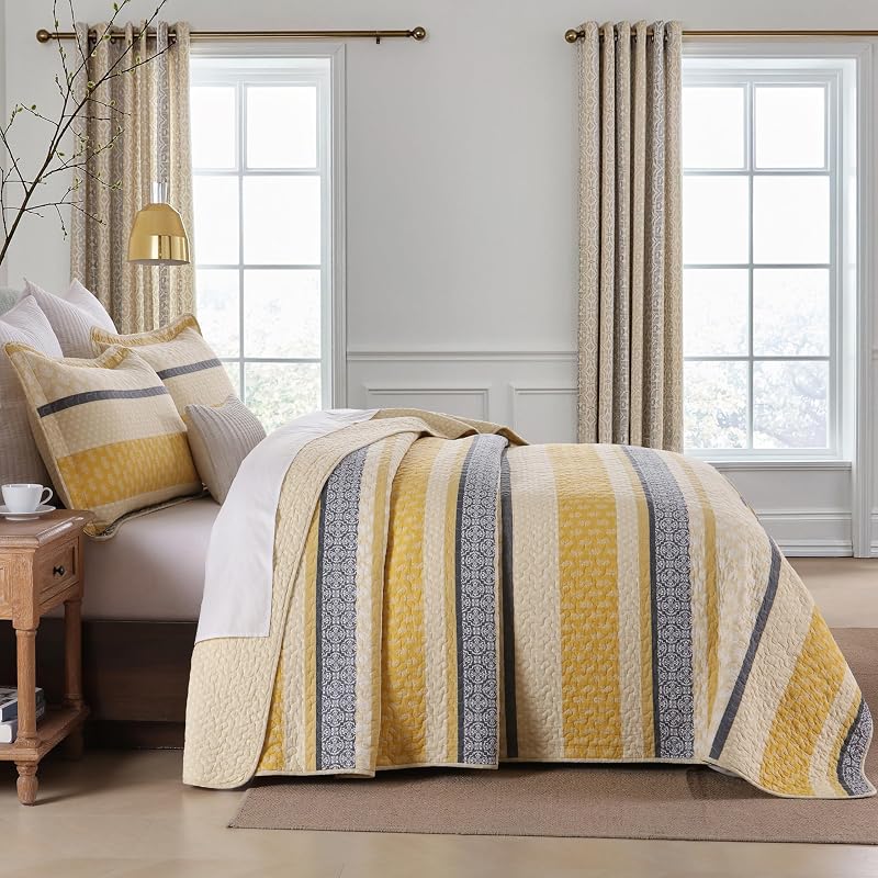 Homzard Quilt King Size - Cotton King Quilt Bedding Set, Yellow Black Gray King Size Comforter Set,Farmhouse Striped Bedspread King Size,Lightweight Bedding Home Decor 3 Piece image 3