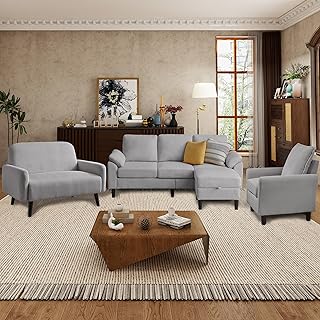 4 Piece Modern Corduroy Sofa Set, L-Shaped Sectional Couch with Storage Ottoman, Loveseat & Single Arm Chair, Side Storage Pockets, Removable Cushions for Living Room Apartment