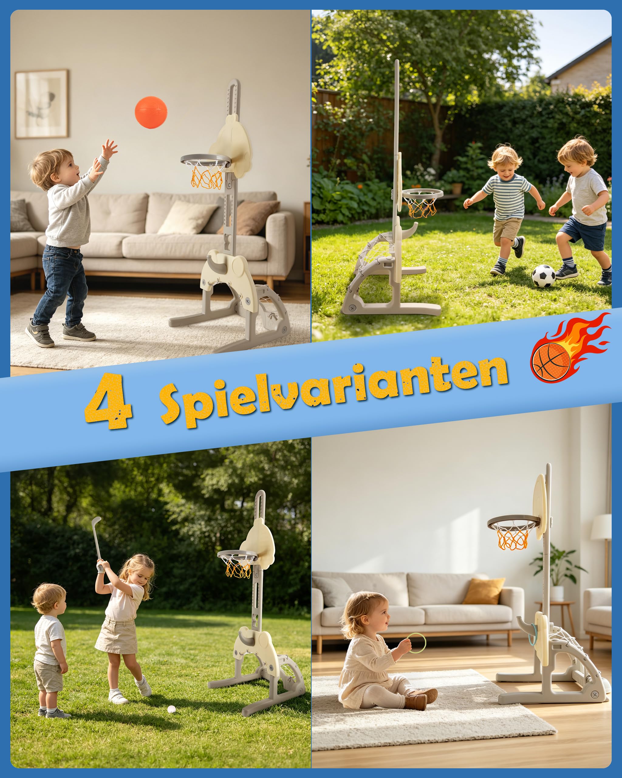 4 in 1 Kinder Basketballkorb Indoor - Basketballständer mit Basketball, Fußball, Golf, Ringwurf, Höhenverstellbarer 78-142cm, Outdoor für Kinder ab 1-7 Jahren, Garten Geschenk Spielzeug