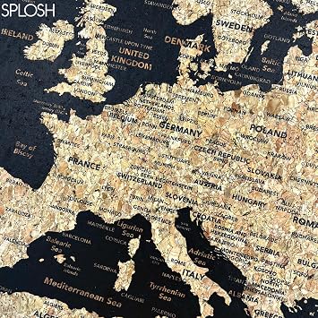 Splosh Travel Map - Black XL Desk Europe Map Pin Board, Wooden Frame Cork Board with 100 Pins in 3 Colours to Mark Your Past and Future Adventures 45 x 31 Framed EU Maps for Desks
