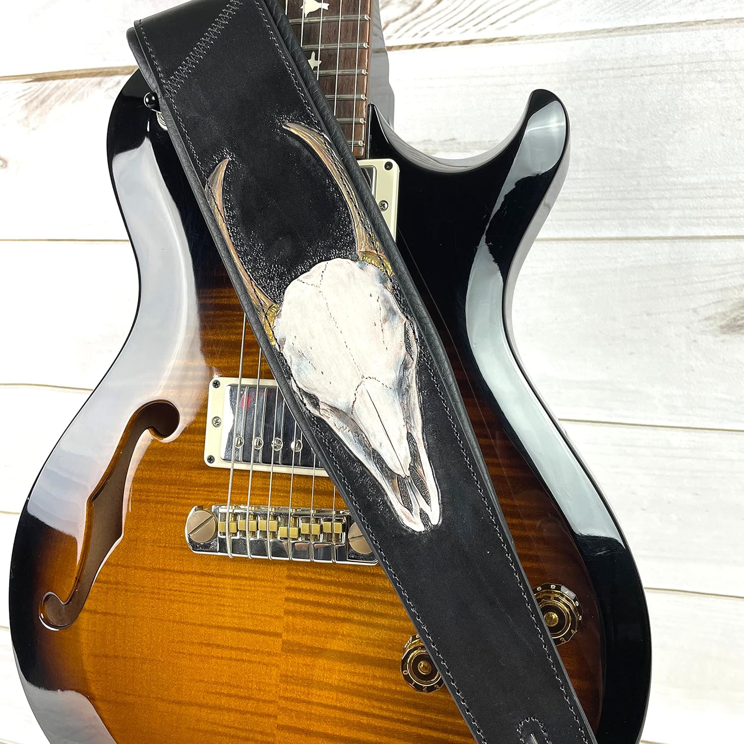 Walker And Williams KB-61 Handmade Carved Longhorn Skull Guitar Strap On Premium Matte Black Leather For Acoustic, Electric, And Bass Guitars