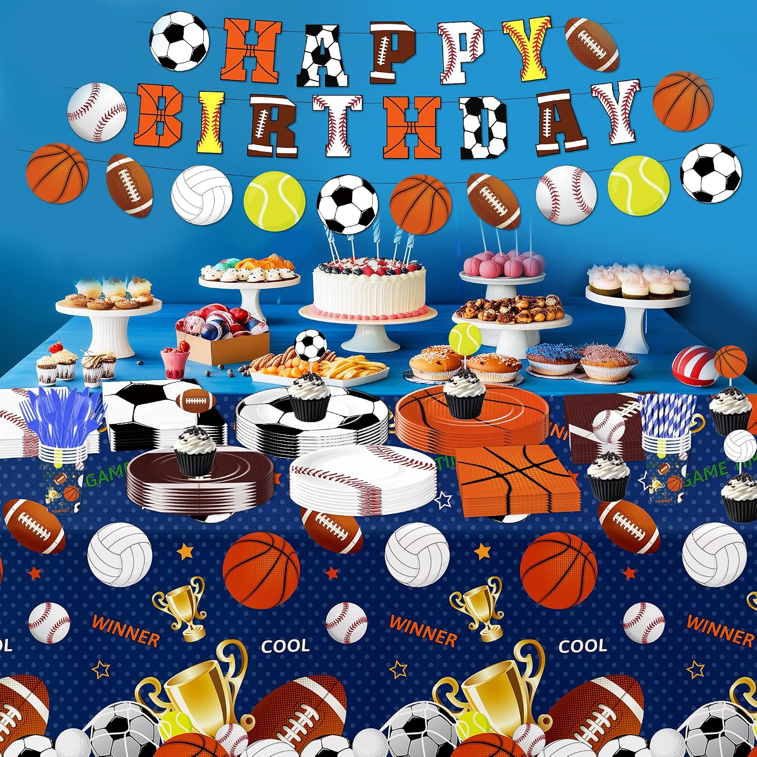 Sports Birthday Party Decorations Tablecloth, 3Pcs, 55in x 86in