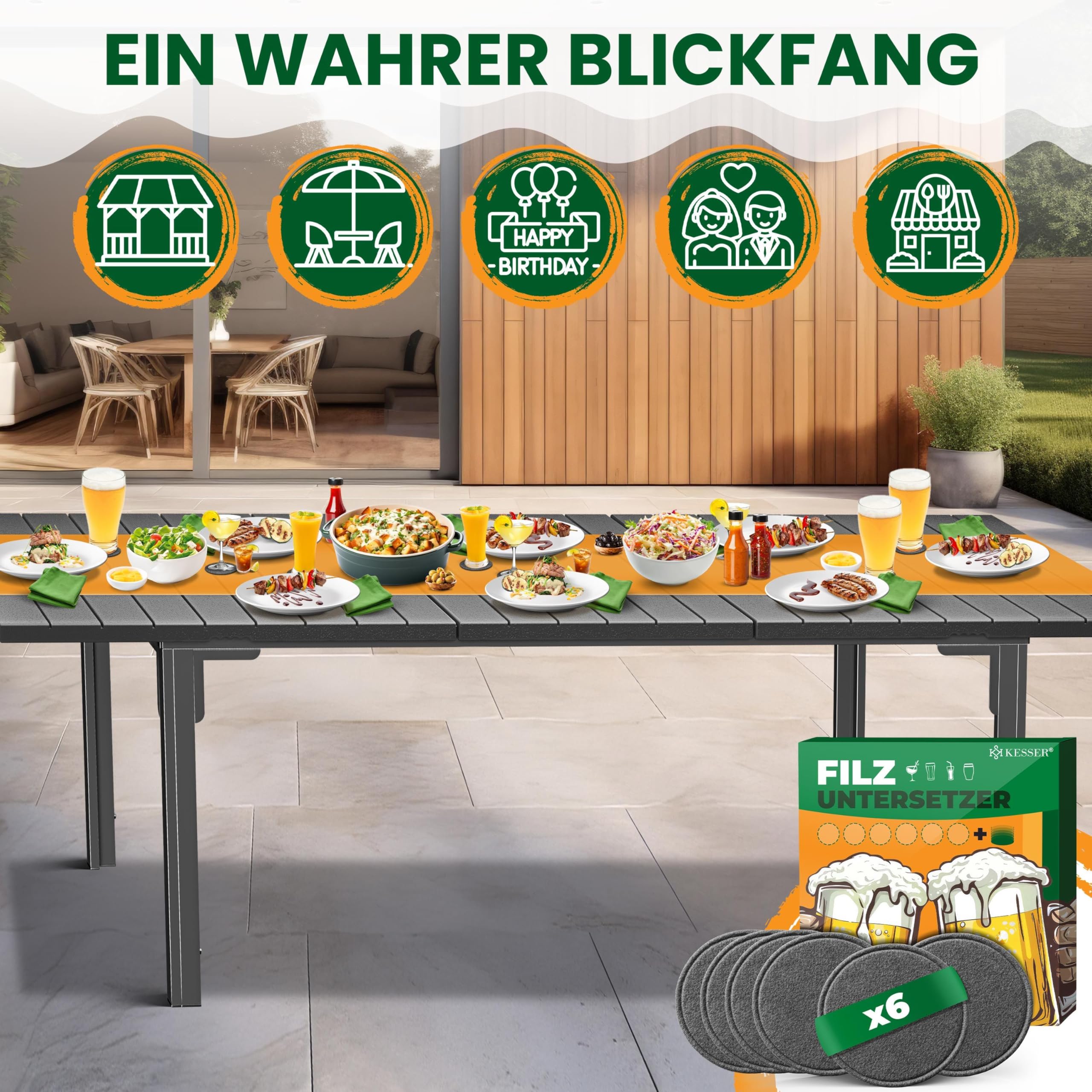 KESSER® Gartentisch ausziehbar Esstisch 180/240x90cm erweiterbar bis 8 Personen Ausziehtisch mit pulverbeschichtetem Stahl-Gestell & HDPE Tischplatte Wetterfest & UV-Beständig inkl. 6 Filz-Untersetzer