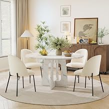 5-Piece Dining Table Set for 4, 47" Round Kitchen Table with 4 White Upholstered Chairs, White MDF Farmhouse Table with Boucle Dining Chairs for Home Dining Room Apartment