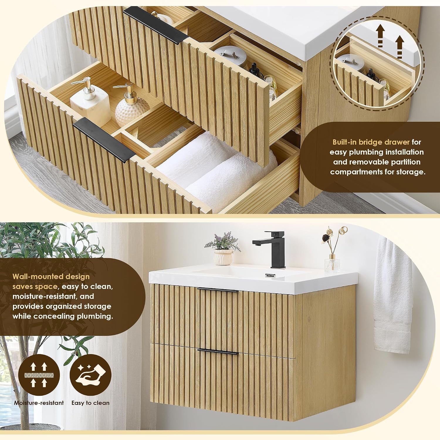 ALTAIR 30 Inch Floating Sink Bathroom Vanity Wall Mount Single Vanities Overflow Mordern Large Storge Cabinet with Ceramic Countertop Double Soft Closing Drawers Pre-Assembled
