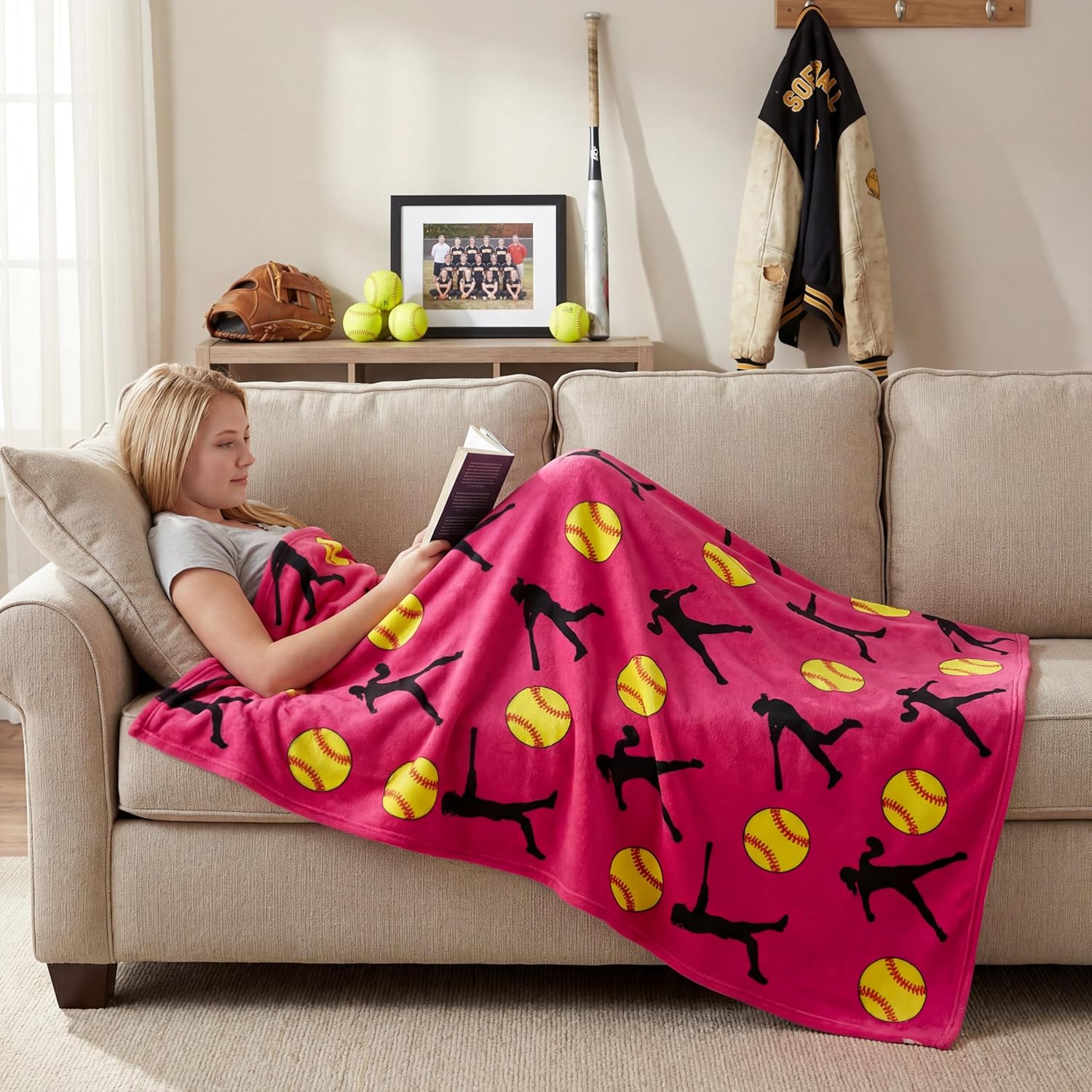 2 Pcs Softball Blanket 50" x 60" Softball Flannel Throw Blanket for Teen Team Coach Gifts Ball Themed Accessories Decoration for Sport Lovers Birthday Christmas Adult Gift Favors