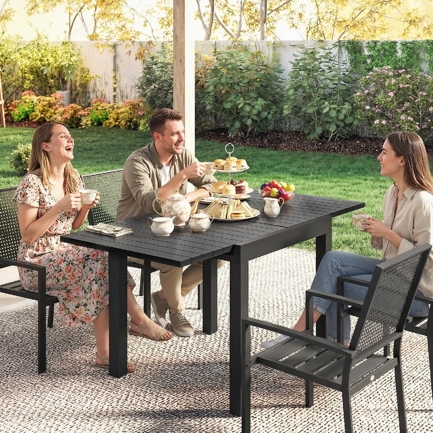 Tavolo da Esterno Giardino, Allungabile, Quadrato, in Alluminio, 80-160x80x75 cm, Nero