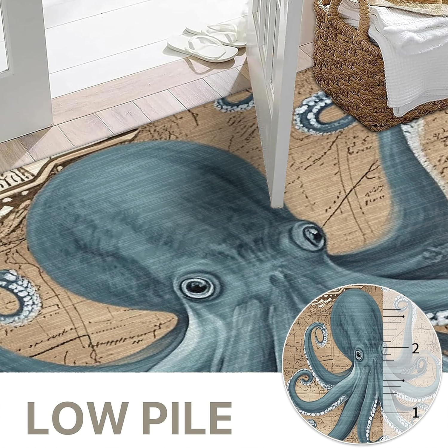 Octopus Runner Rug 2x8ft,Big Grey Octopus Tentacles Washable Rugs,Soft Realistic Sea Creatures Non Slip Kitchen Mats for Floor,Huge Ocean Kraken Low Pile Hallway Carpet Runner for Bedroom Bedside