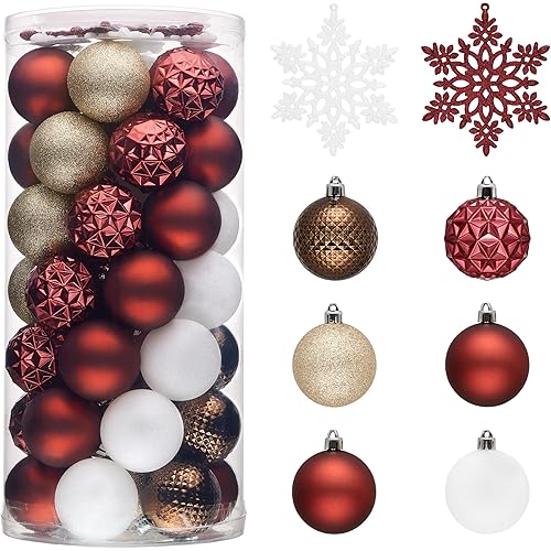 Valery Madelyn Christmas Tree Decorations Ornament Set, 50ct 2.36 Inches Red Brown White Shatterproof Christmas Ball Ornaments Hanging Xmas Holiday Party Decor