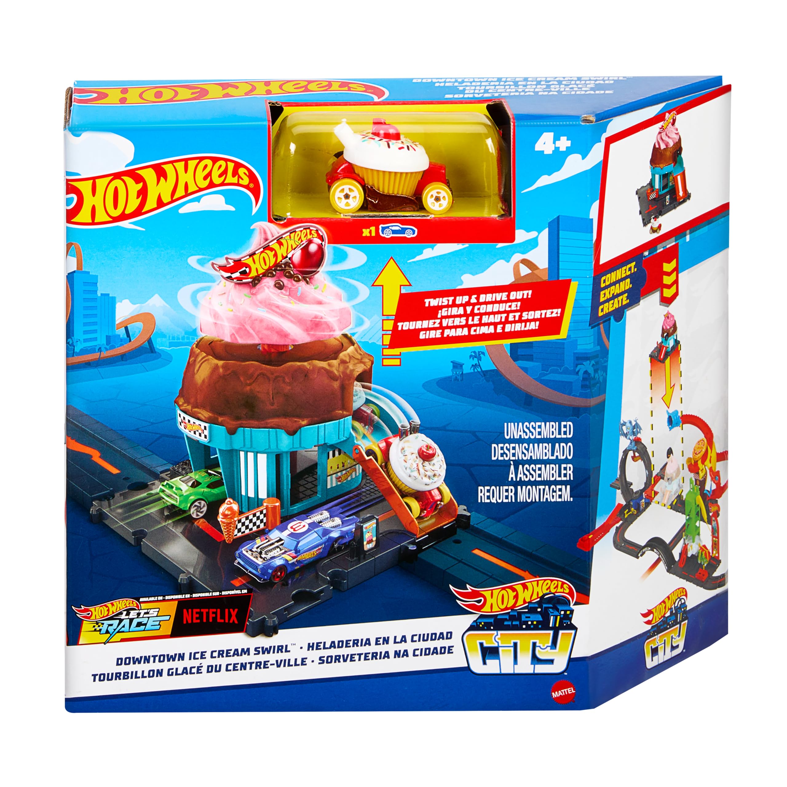 HOT WHEELS Let's Race Netflix - City Downtown-Spielset Eiskrem-Strudel - Rennbahn-Action mit Verkehrsschild, inklusive 1:64 Hot Wheels Auto, für Kinder ab 4 Jahren, HTN77