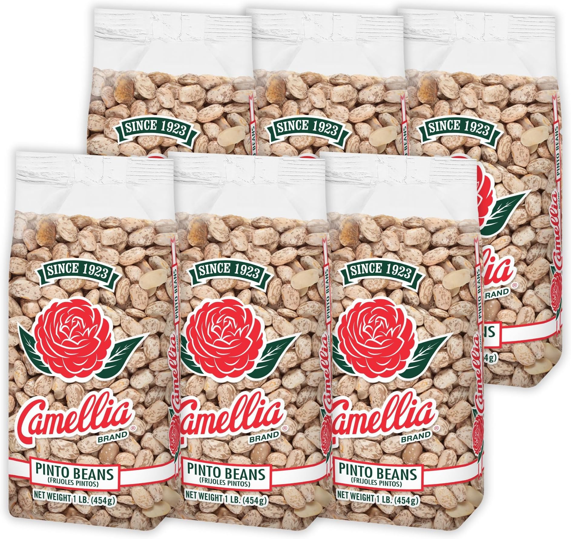 Camellia Brand Dried Pinto Beans – Premium Heirloom Beans for Chile Con Carne, Soups, Stews, Chili & Mexican Dishes – Non-GMO, Gluten-Free, High Protein, Vegan & Vegetarian Friendly, 1 Pound (Pack of 6)