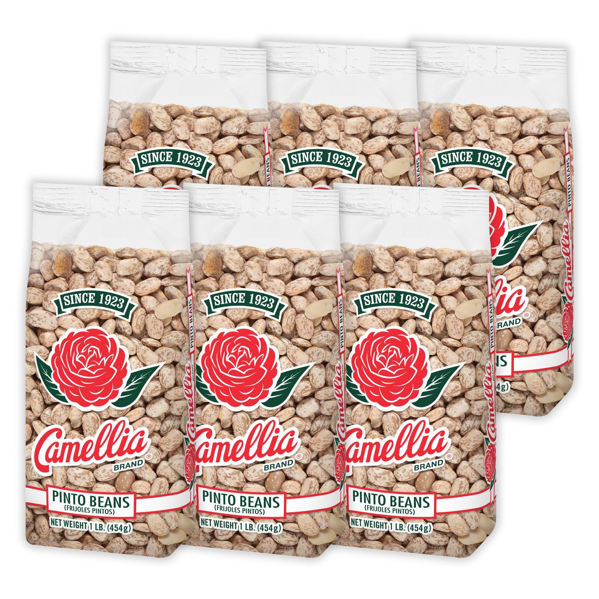 Camellia Brand Dried Pinto Beans – Premium Heirloom Beans for Chile Con Carne, Soups, Stews, Chili & Mexican Dishes – Non-GMO, Gluten-Free, High Protein, Vegan & Vegetarian Friendly, 1 Pound (Pack of 6)