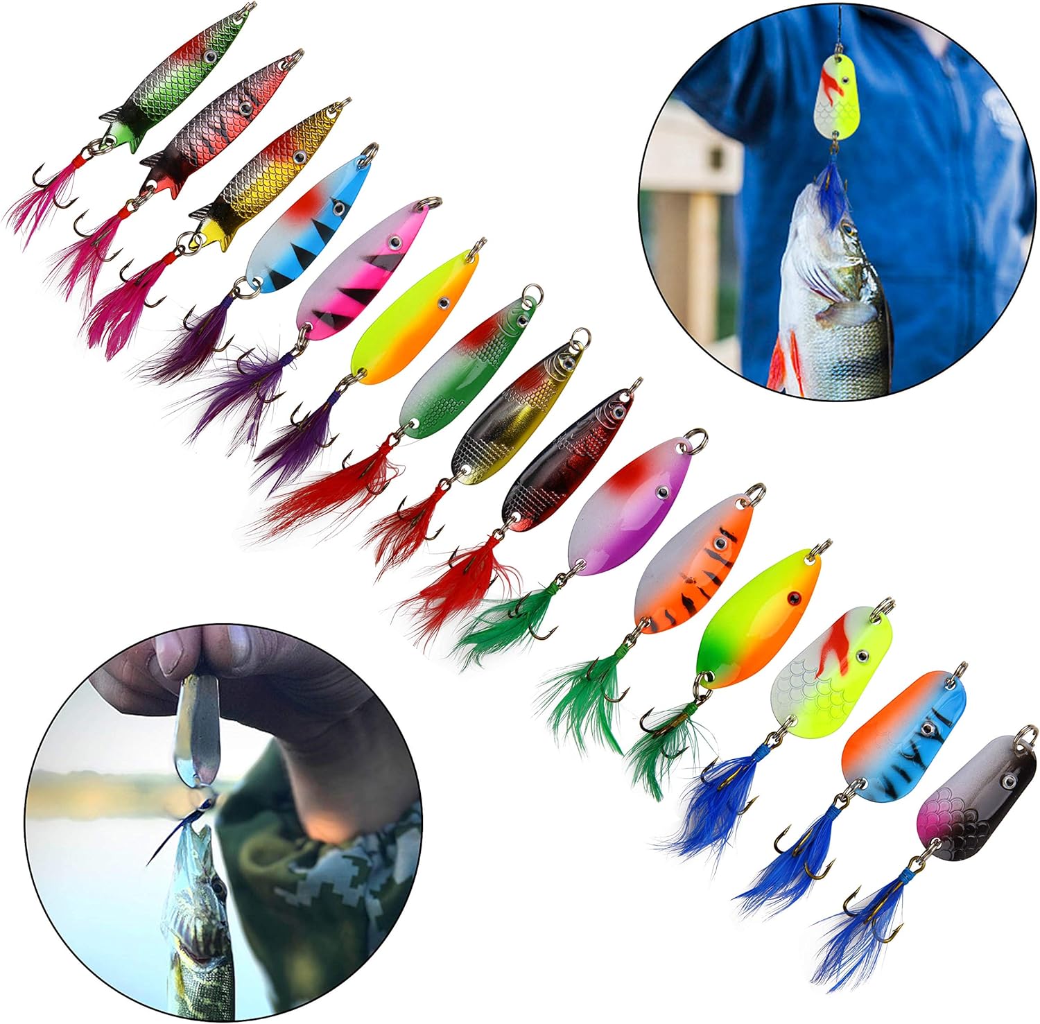 Fishing Spinner Spoons Lures Kit 30pcs Rooster Bait Metal Spoon Fishing Lures Casting Spinner Baits with Feathered Treble Hooks for Trout Bass Pike Salmon Walleye Saltwater Freshwater Fishing