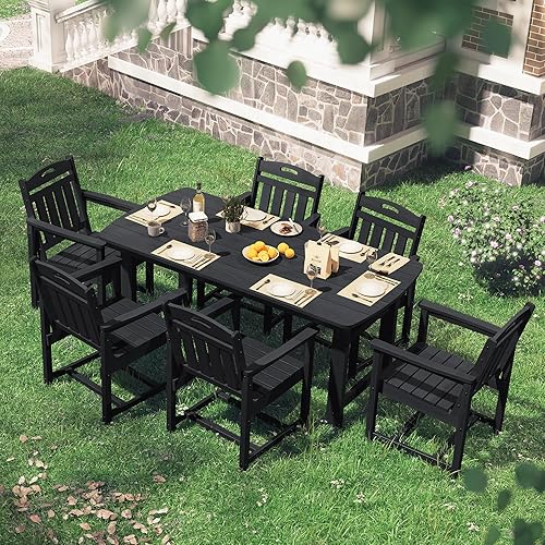 Miniatura 7 de HDPE - Juego de comedor al aire libre, mesa y sillas de patio, mesa exterior de 7 piezas y 6 sillas, agujero para sombrilla de 2 pulgadas, muebles