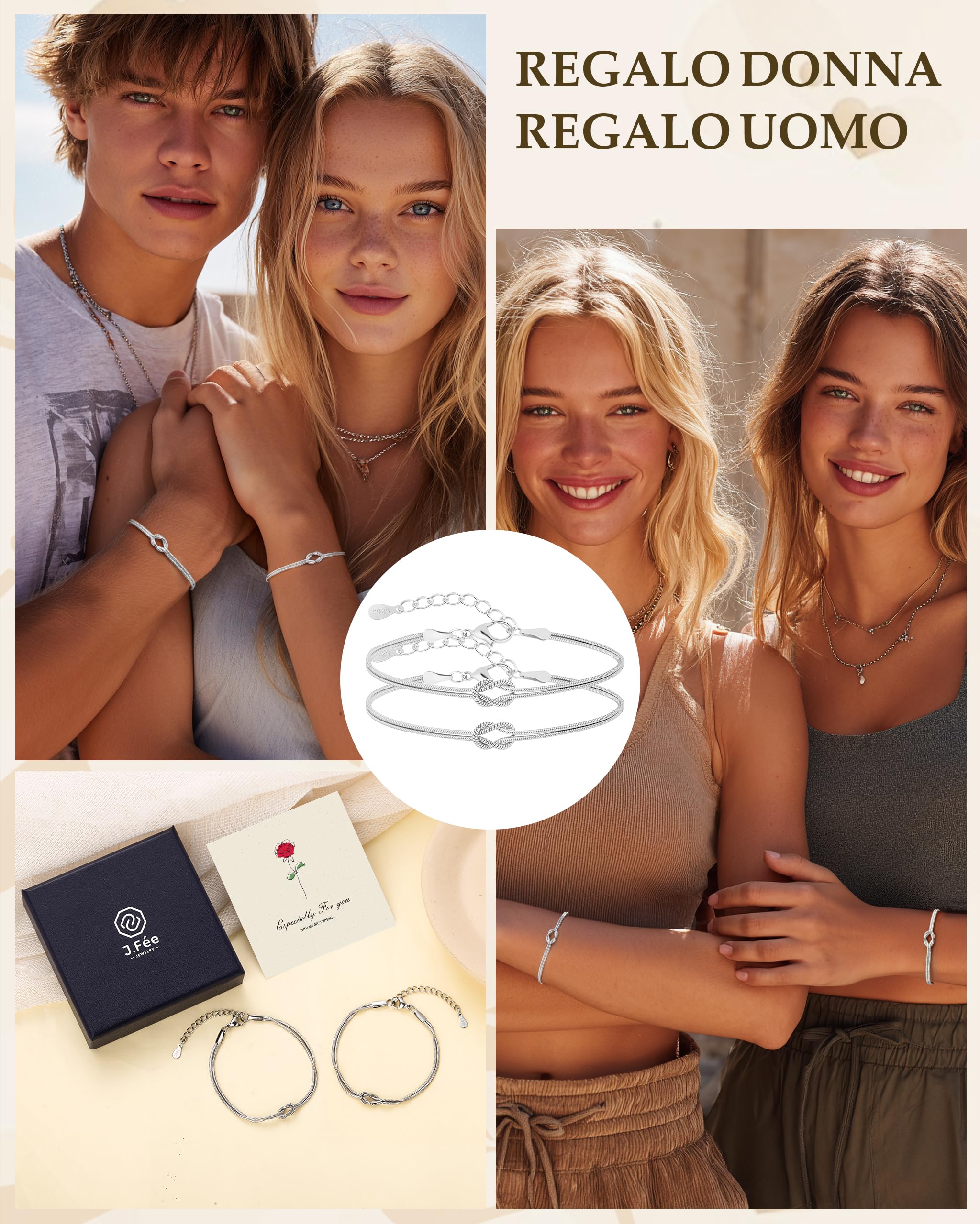 J.Fée 2PCS Bracciali Coppia Bracciale Amicizia Bracciale Donna Argento 925 Bracciali Amicizia Donna, Braccialetti Donne Oro, Regali di Coppia Regalo Amica Regalo Fidanzato Regali Mamma San Valentino