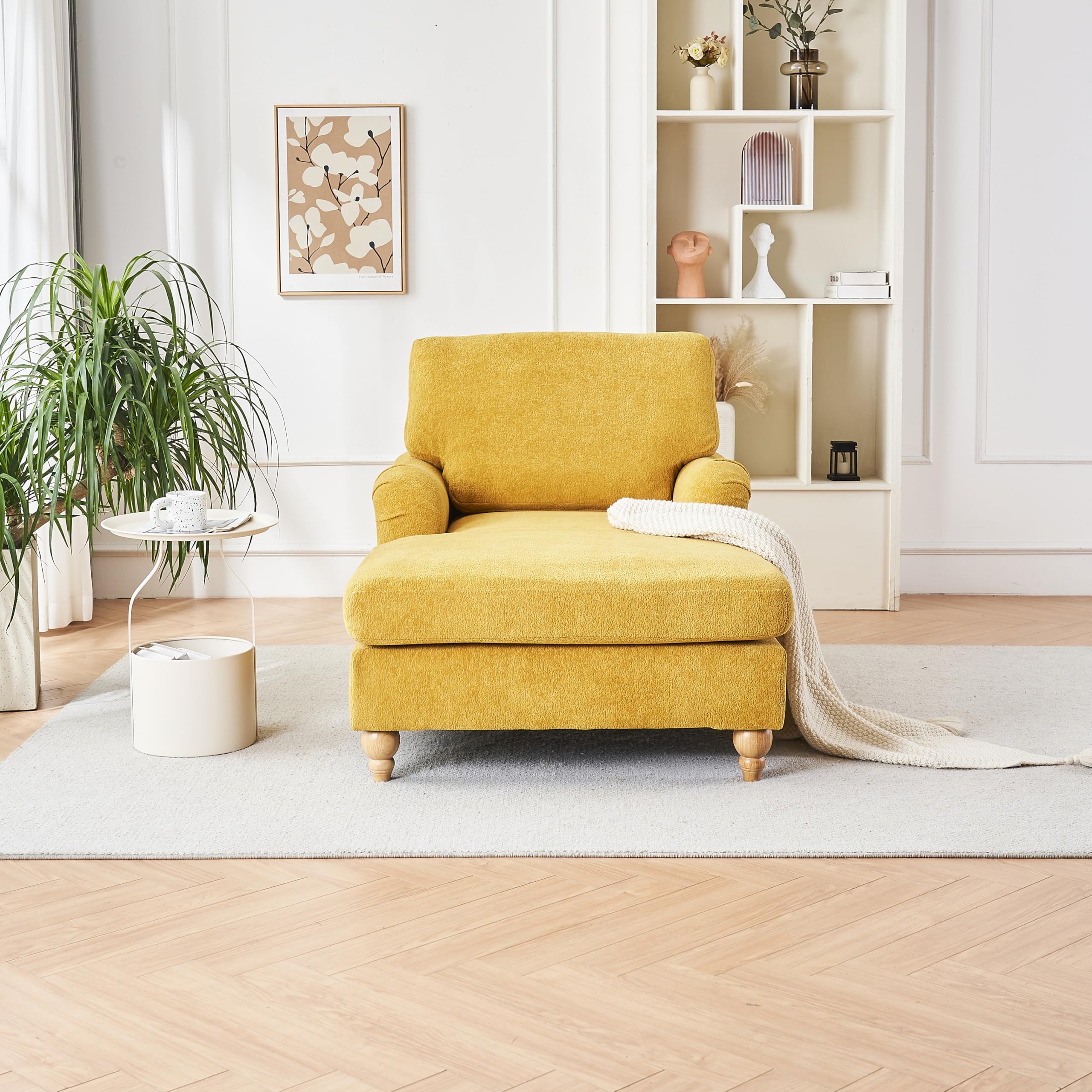 Chaise Lounge Chair Indoor,Modern Mid-Century Indoor Oversized Sleeper,Soild Wood Legs and Chenille Fabric Sofa Bed for Living Room, Bedroom， Easy to Assemble (Yellow)