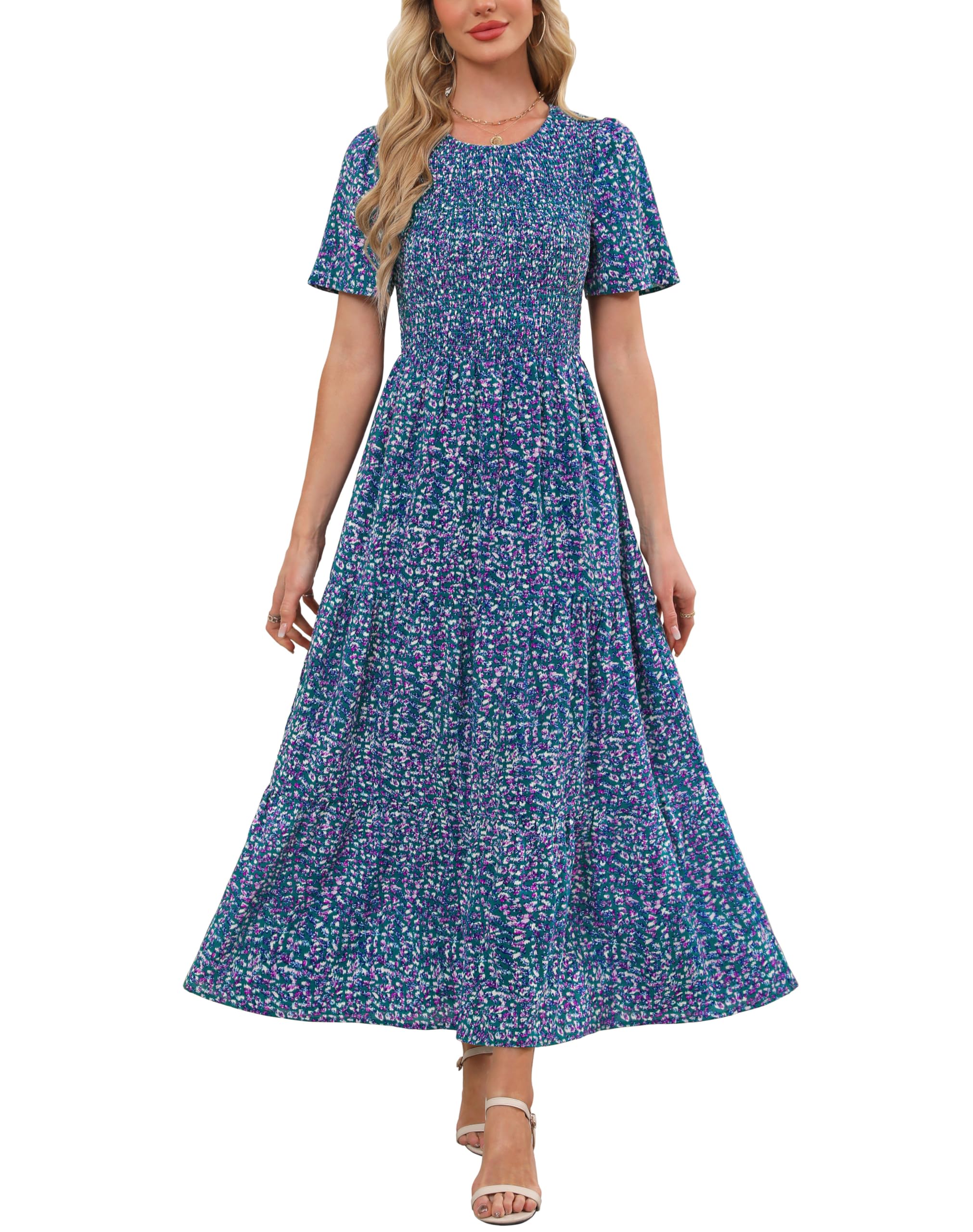 Maggeer Womens 2025 Summer Fall Smocked Wedding Guest Maxi Dress Casual Short Sleeve Floral Boho Flowy Long Dress