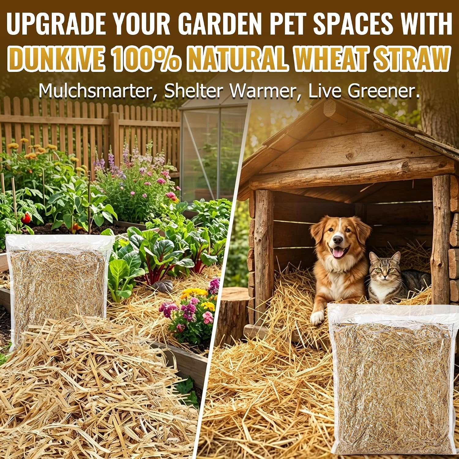 Natural Wheat Straw 3 LB, Dry Clean Soft Wheat Straw Bale for Garden Mulch, Weed Cover, Grass Seed Cover, Animal Bedding, Chicken Coop, Stray Cats Dogs Shelter, Compost & Landscaping