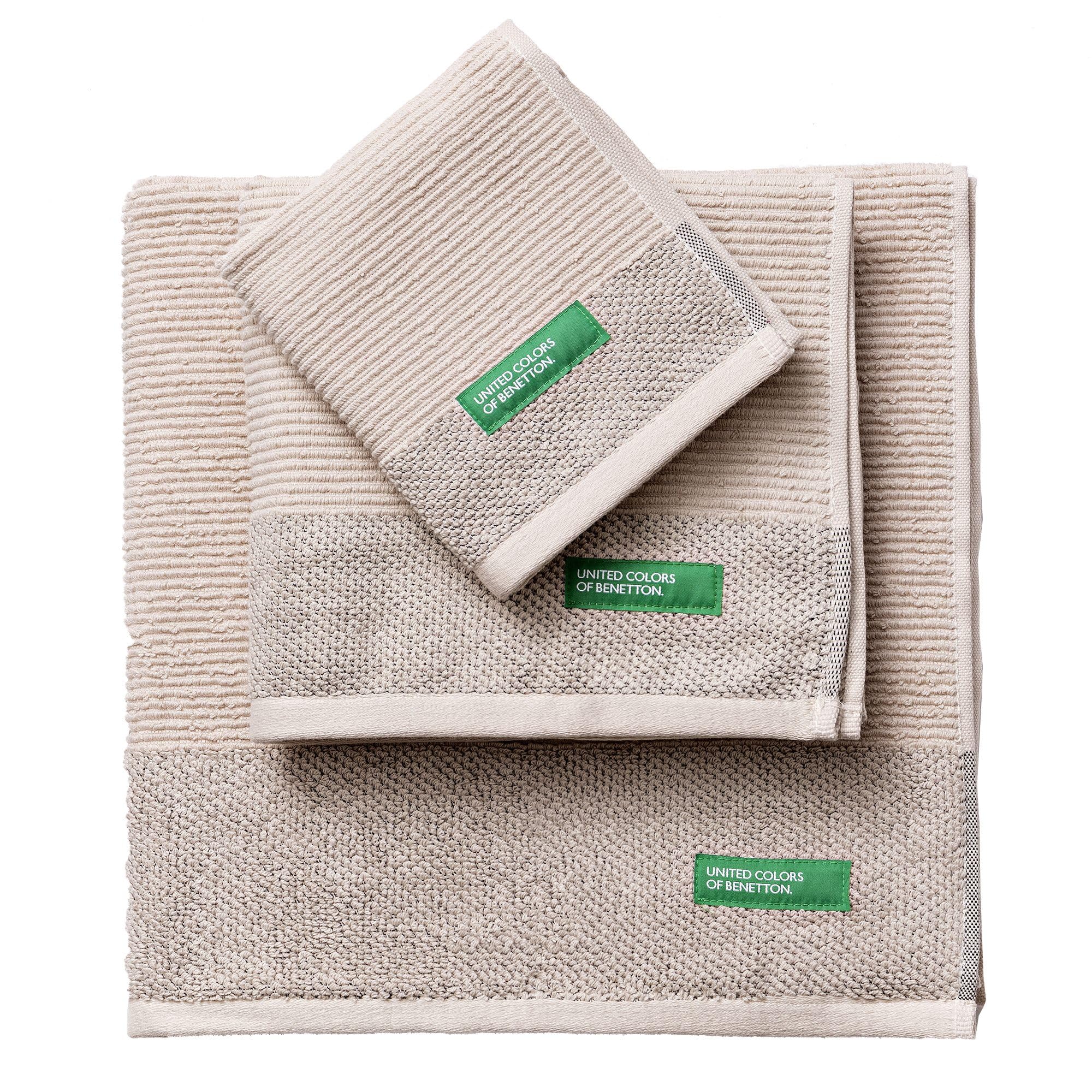 Set de 4 Juegos de 3 Toallas (4X 30x50cm + 4X 50x90cm + 4X 70x140cm) 450GSM de 100% Algodón - Verde, Gris, Gris Oscuro y Beige Benetton