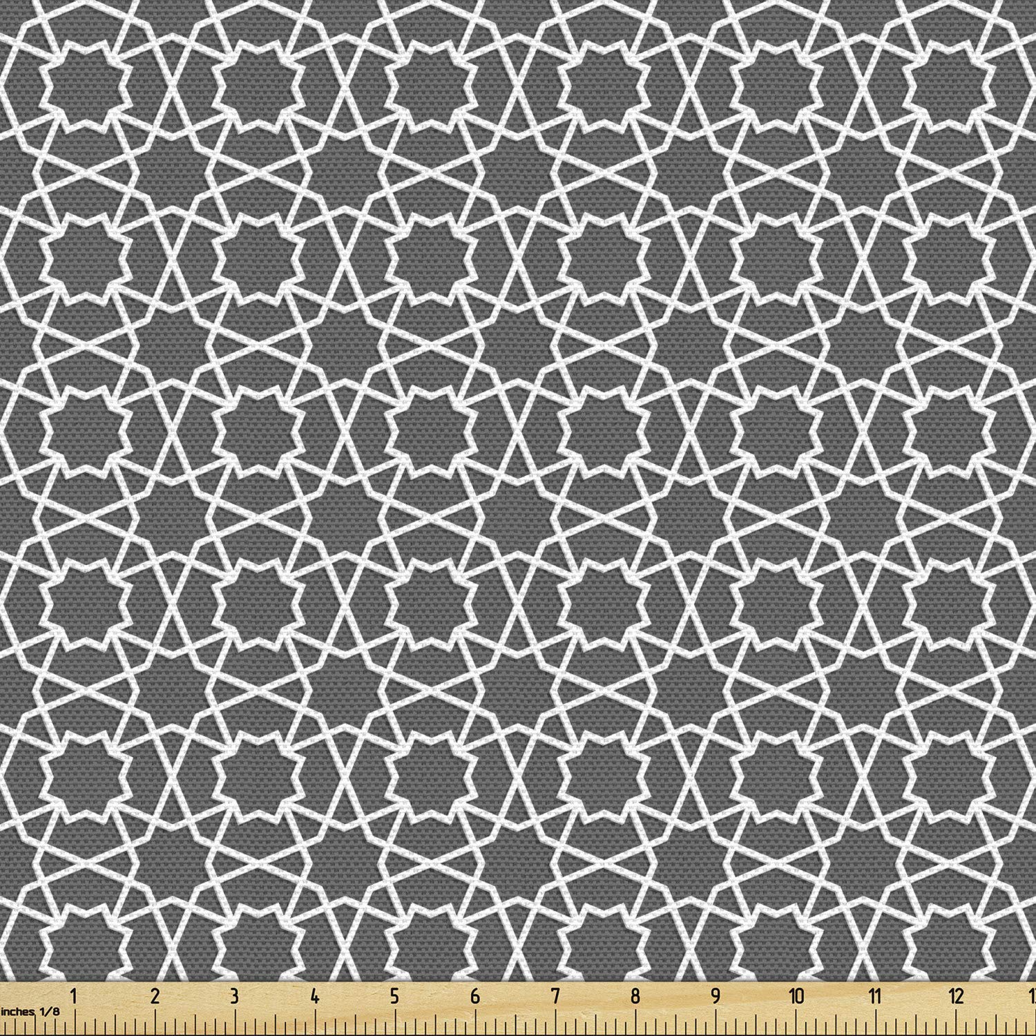 Lunarable Orient Fabric by The Yard, Geometric Pattern in Style Architecture Classic City Buildings, Decorative Fabric for Upholstery and Home Accents, 2 Yards, Black Grey