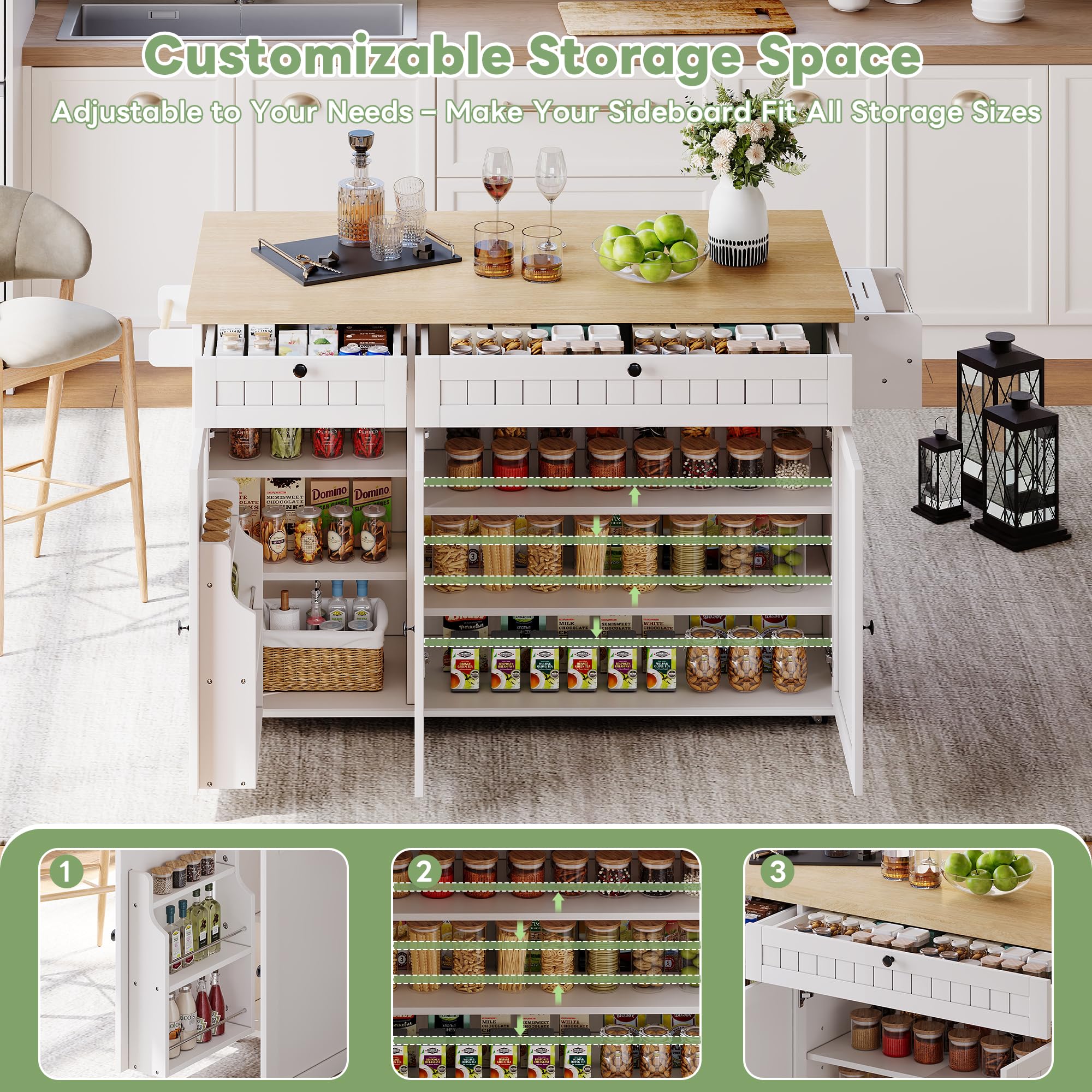 NovaFurnish Kücheninsel mit klappbarer Arbeitsplatte, Küchenschrank auf 6 feststellbaren Rollen, mit Ablage, Türregal, 2 großen Schubladen und Schrank,137X45X89.5cm (Weiß)
