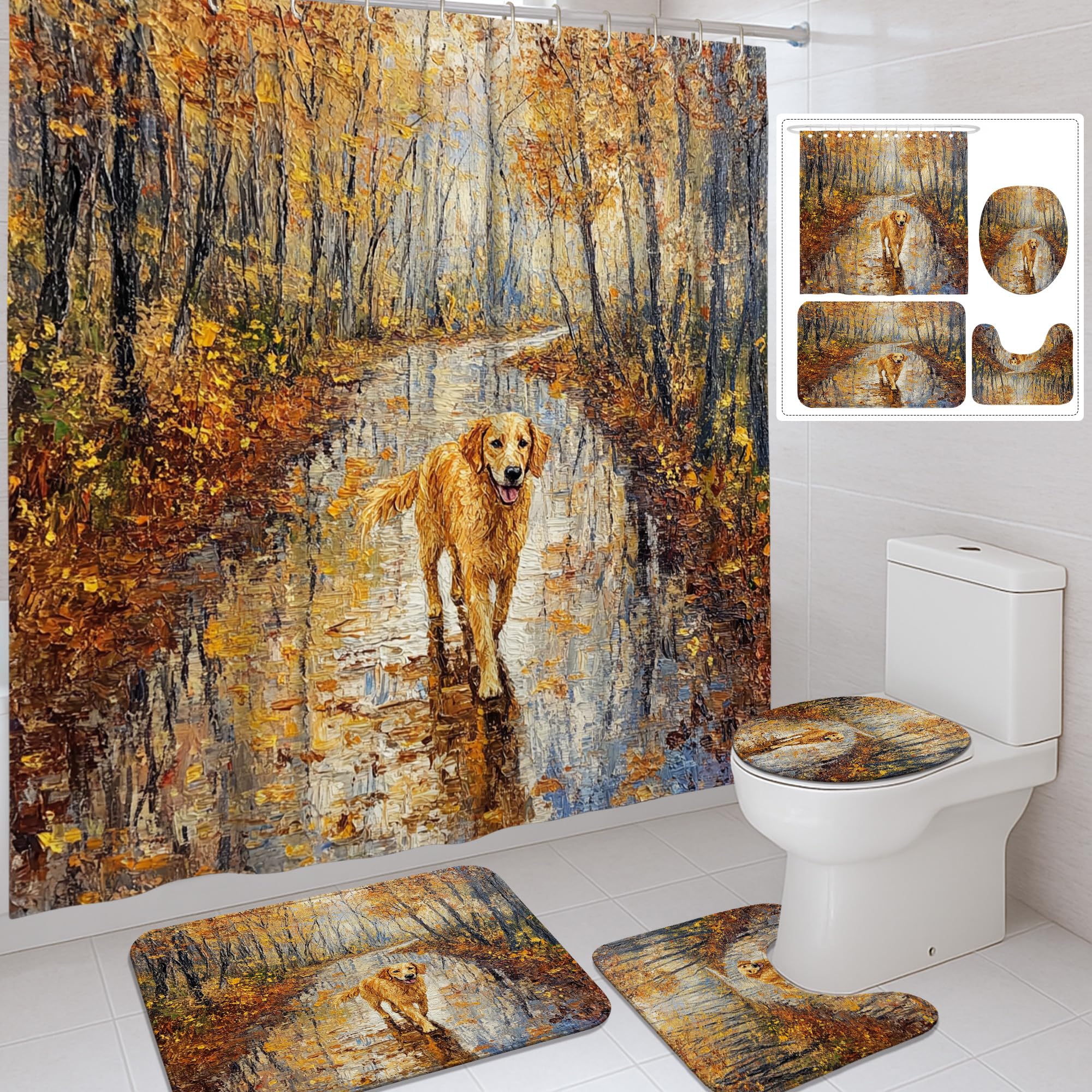 Golden Retriever Autumn Shower Curtain Set, Warm Yellow Dog Bathroom Decor Accessories for Fall, Rustic Nature Waterproof Fabric with Hooks 72x72 Inch