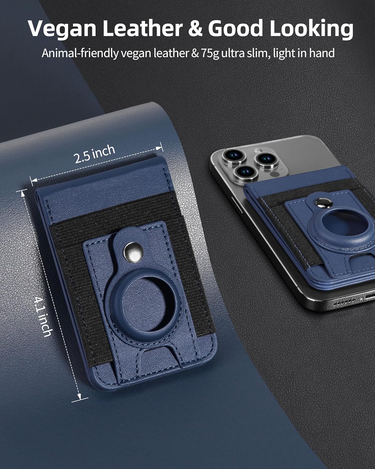 For Magsafe Wallet Stand with Airtag Holder, Strongest Magnetic Phone Wallet for iPhone 17/16/15/14/13/12 Series, ID Window, 4 Card Slots, 10 Cards Holder, Vegan Leather, RFID Blocking, Navy Blue - Image 7