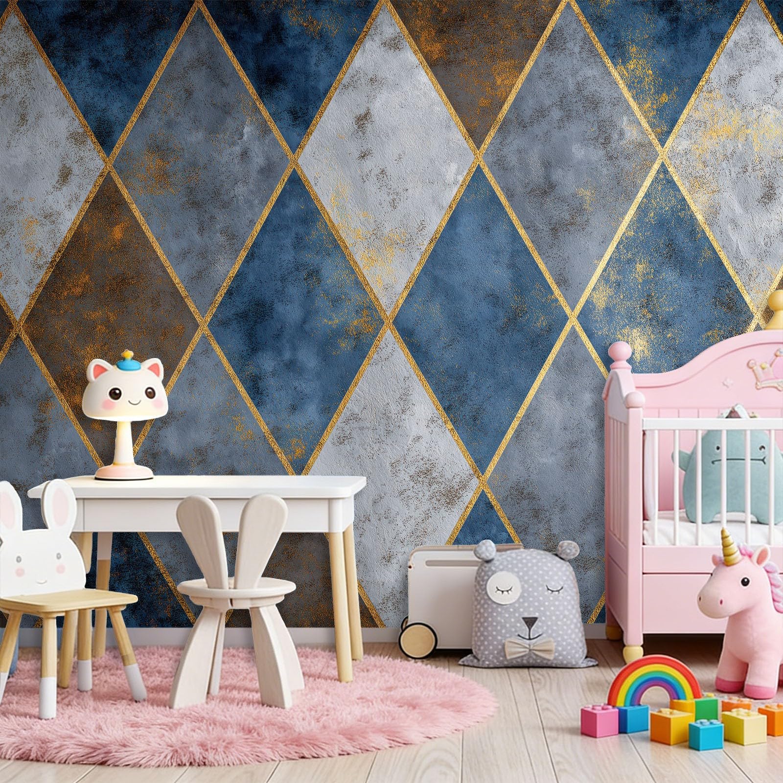 Tapeta 3D z włókniny geometryczna romb patchwork 400 x 280 cm tapeta dekoracja ścienna do salonu sypialnia niebieska