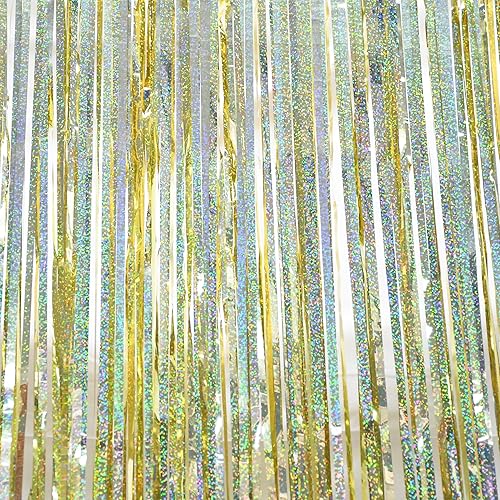 Miniatura 4 de BRAVESHINE Telón de fondo de fiesta con serpentinas de oropel dorado, paquete de 2 cortinas de flecos metálicos de 3.2 x 8.2 pies para Navidad, Año