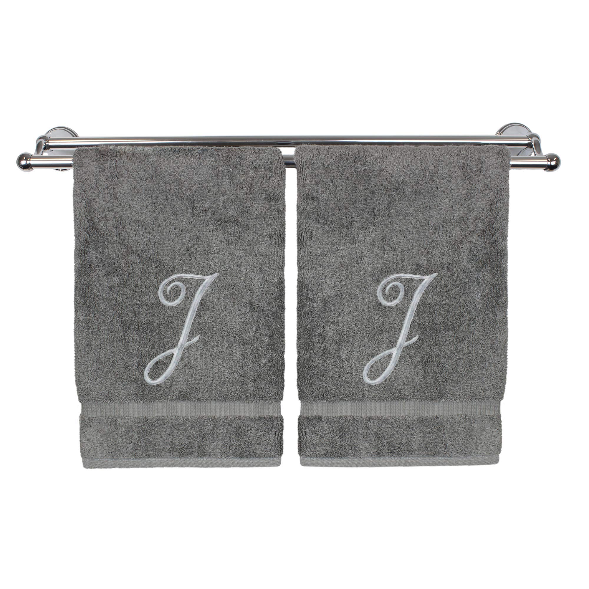 Toalla de mano con monograma, regalo personalizado, 16 x 30 pulgadas, juego de 2 toallas bordadas plateadas, extra absorbente, 100% algodón turco, acabado de rizo suave, para baño, cocina y spa,