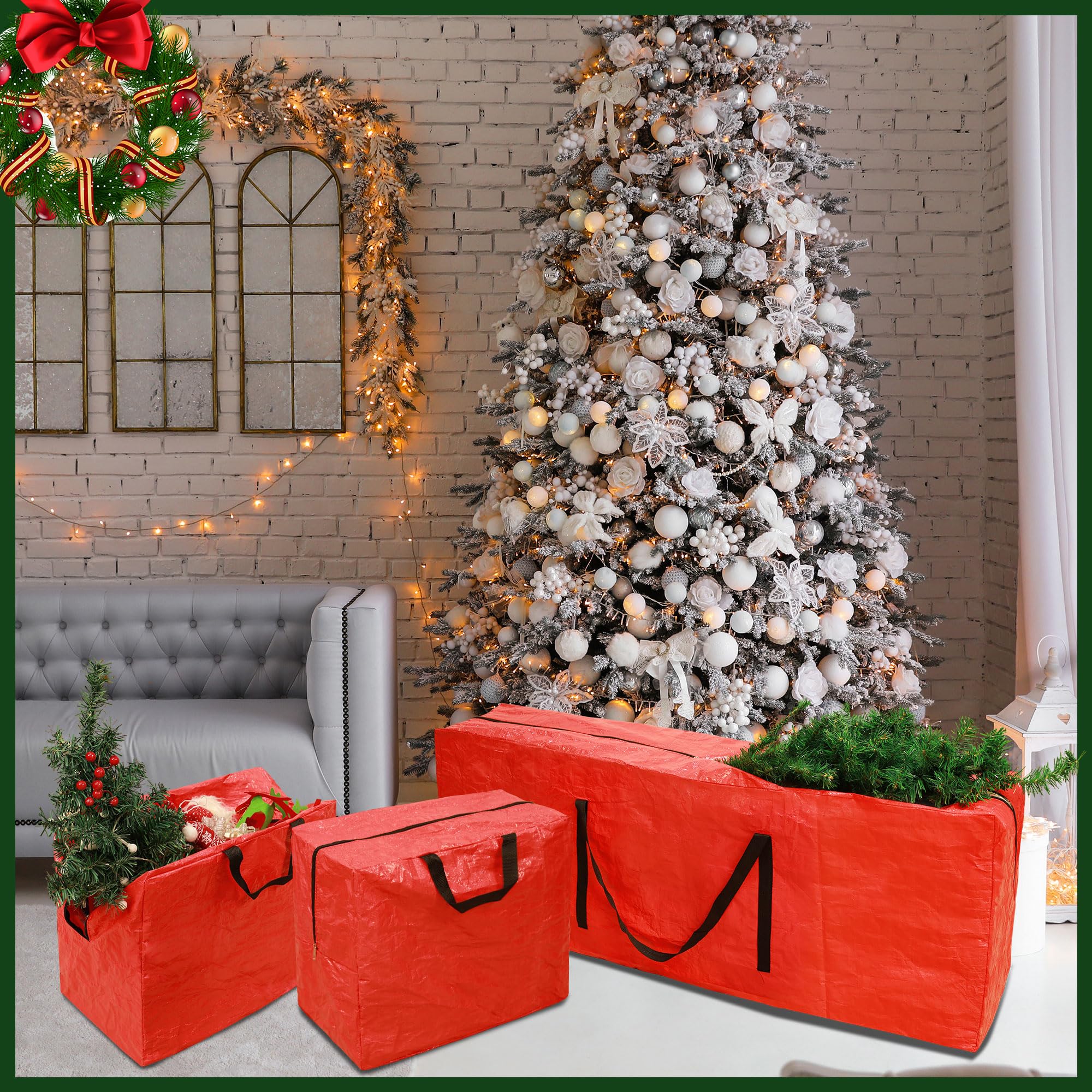 RICHIE Lot de 3 grands sacs de rangement pour sapin de Noël avec 2 sacs de décoration de Noël pour arbres de Noël jusqu'à 2,3 m de haut, boîte de rangement facile à transporter, sacs de rangement