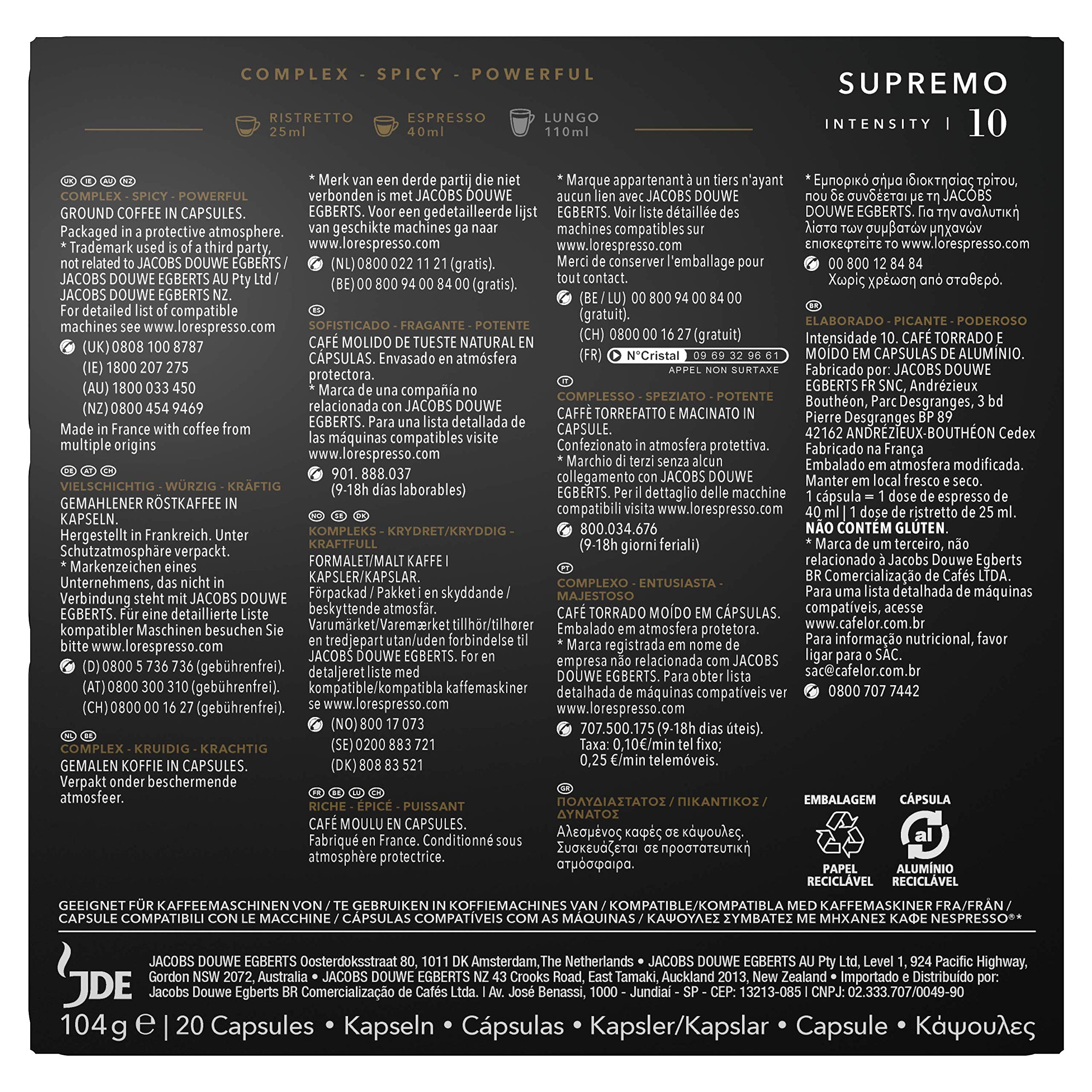 L'Or Espresso Kawa - 200 kapsułek Supremo Intensywność 10 - kompatybilne z Nespresso®* (zestaw 10 x 20 szt.)