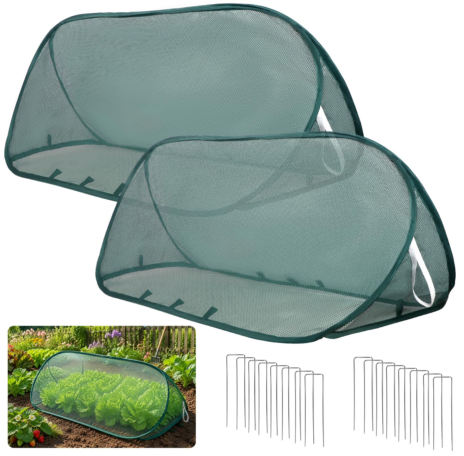 2PCS Green Pop-Up Garden Mesh Net Covers, 99 x 38 x 38 cm Foldable Plant Protection Tents, Insect Bird Barrier Netting for Vegetables, Fruit, Seedlings, Flowers, Raised Beds & Pots