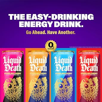 Liquid Death Sparkling Energy - Murder Mystery (Cherry, Cream, Spice), Zero Sugar Energy Drink, Unextreme Caffeine 100mg, Essential Vitamins, 12 Fl Oz (Pack of 12)